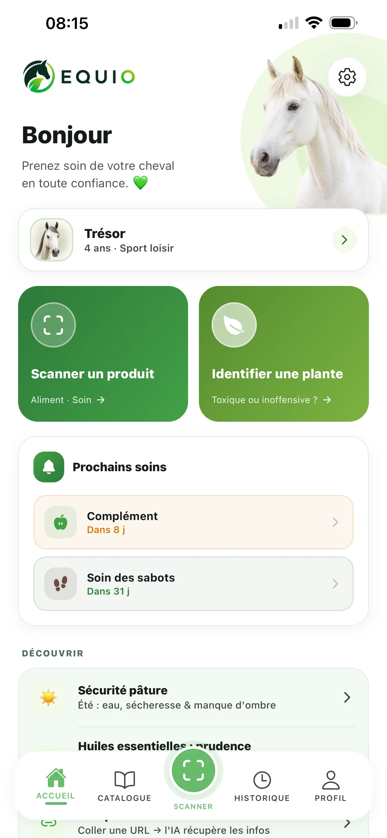 Accueil Equio : tableau de bord avec prochains soins et scanner