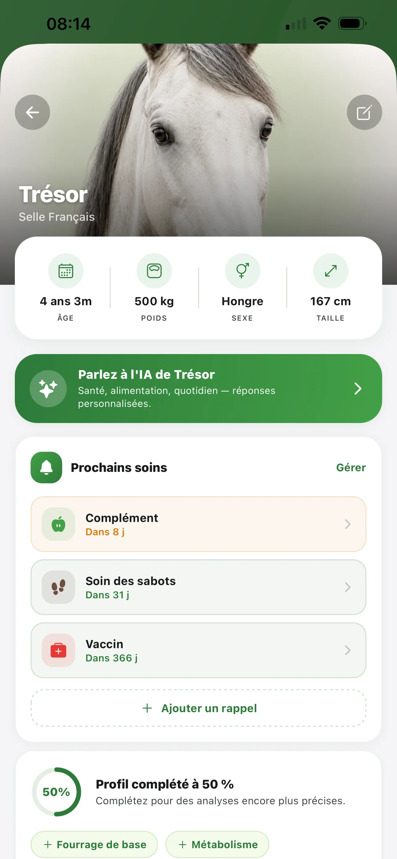 Profil détaillé d'un cheval avec prochains soins et infos santé