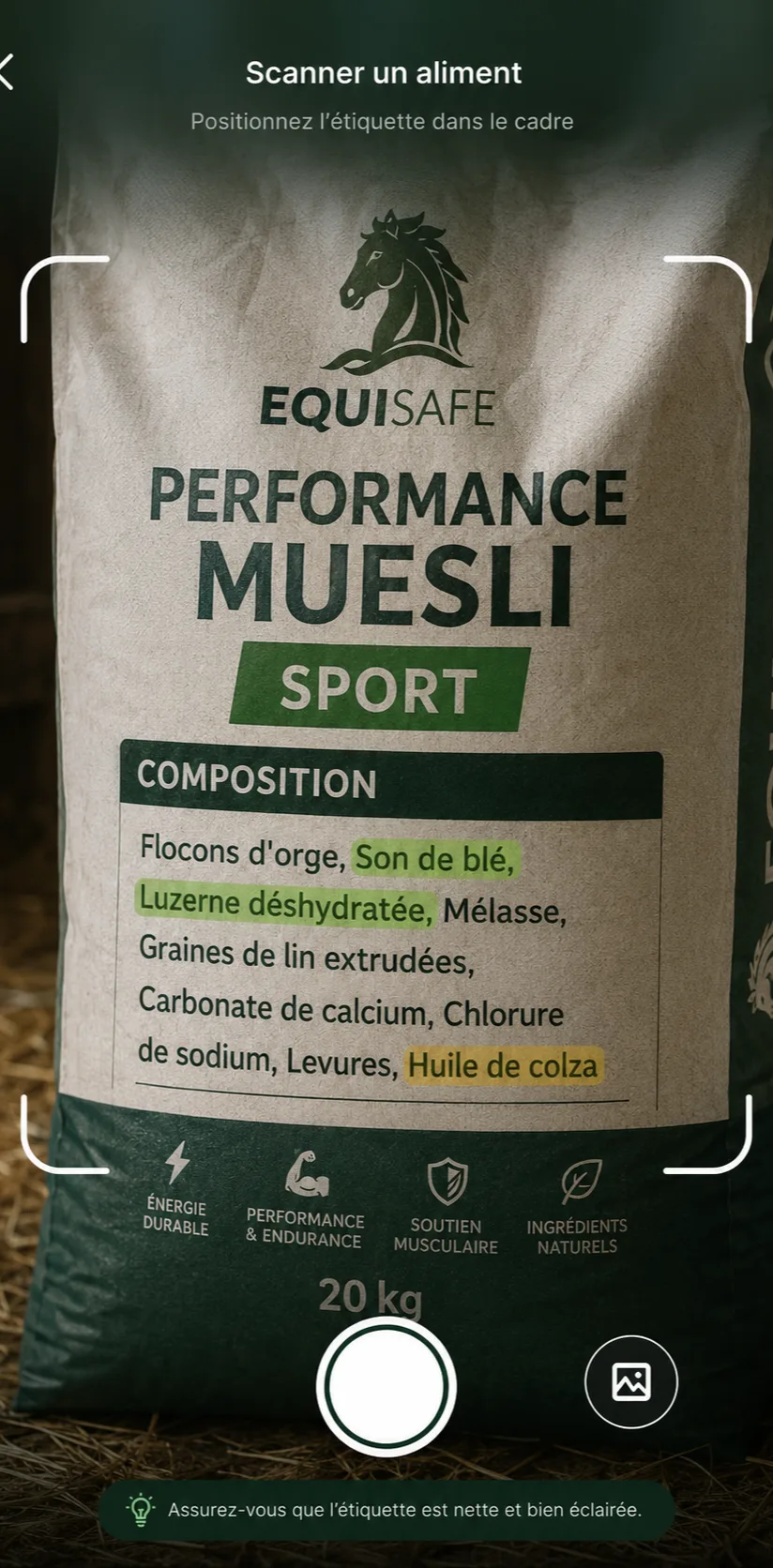 Scan d'une étiquette d'aliment avec Equio : la composition est lue directement dans le cadre