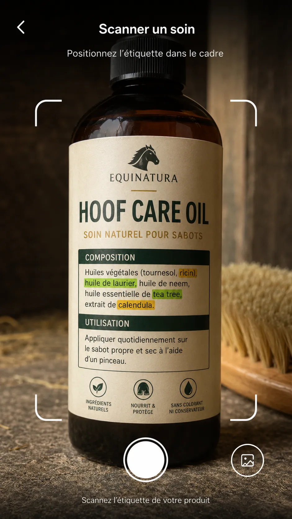 Scan de la composition d'un produit de soin cheval avec Equio