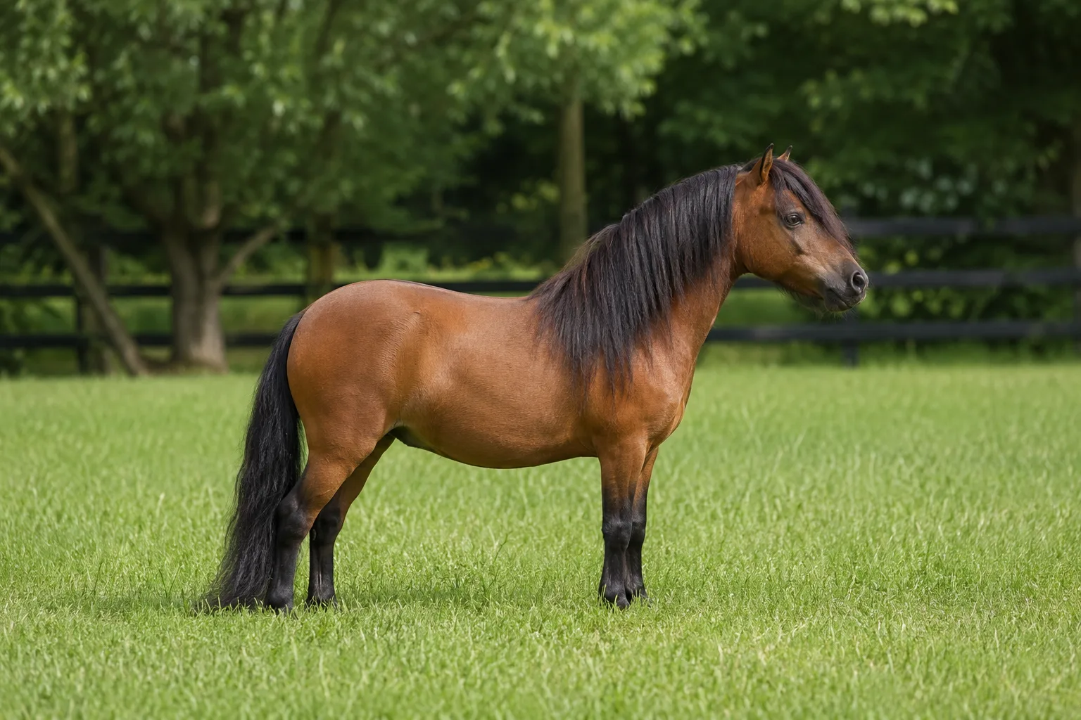 Cheval Adaev de profil dans la steppe kazakhe, robe baie, silhouette sèche et musclée
