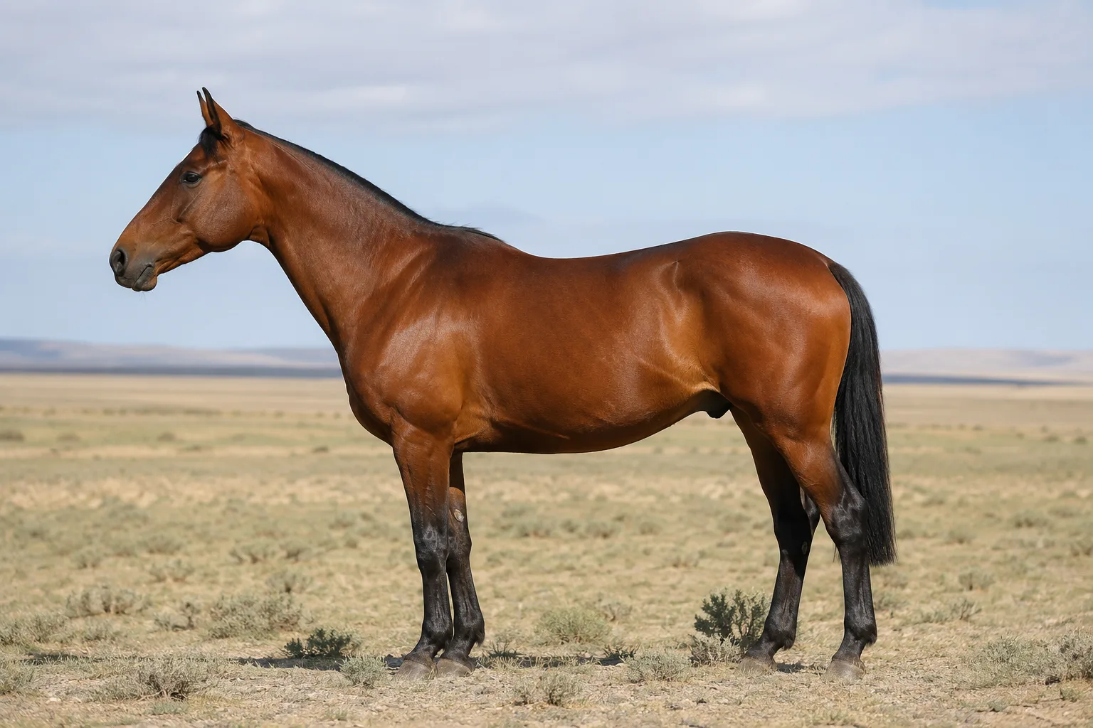 Cheval Akhal-Teke palomino au pelage doré et brillant, debout de profil dans une steppe aride, sous un ciel clair.