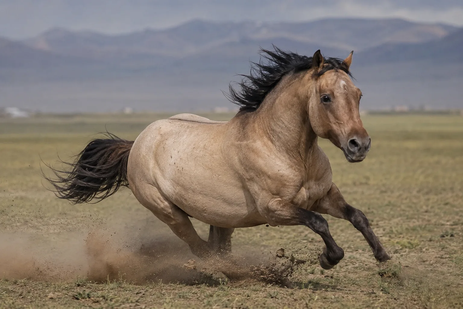 Akhal-Teke bai en plein galop lors d'une course d'endurance, avec son cavalier, dans un mouvement dynamique.