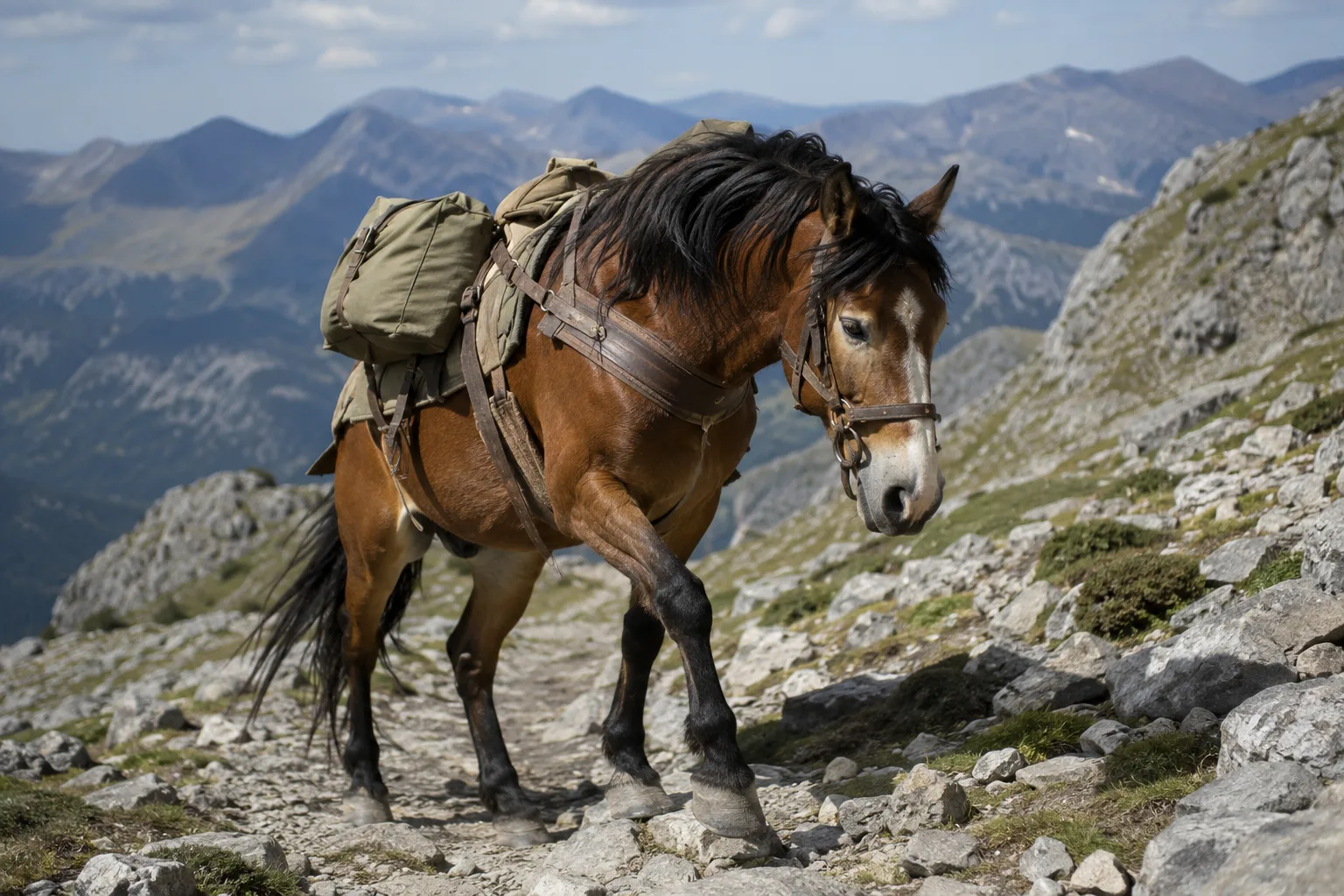 Albanian horse in motion, walking confidently on a rocky mountain trail, illustrating its aptitude for work.