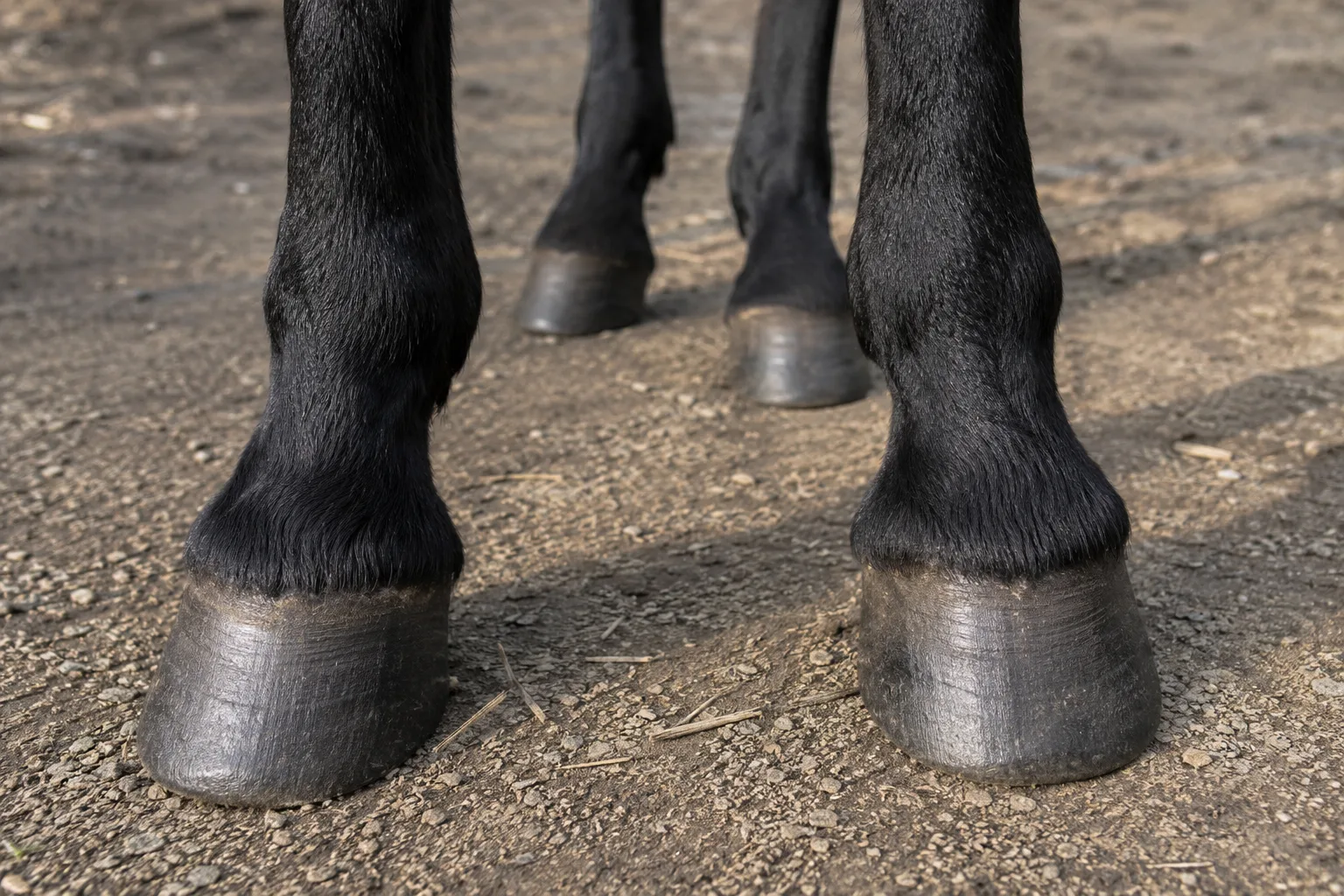 Black Albanian horse, close-up on its dense coat and robust hooves.