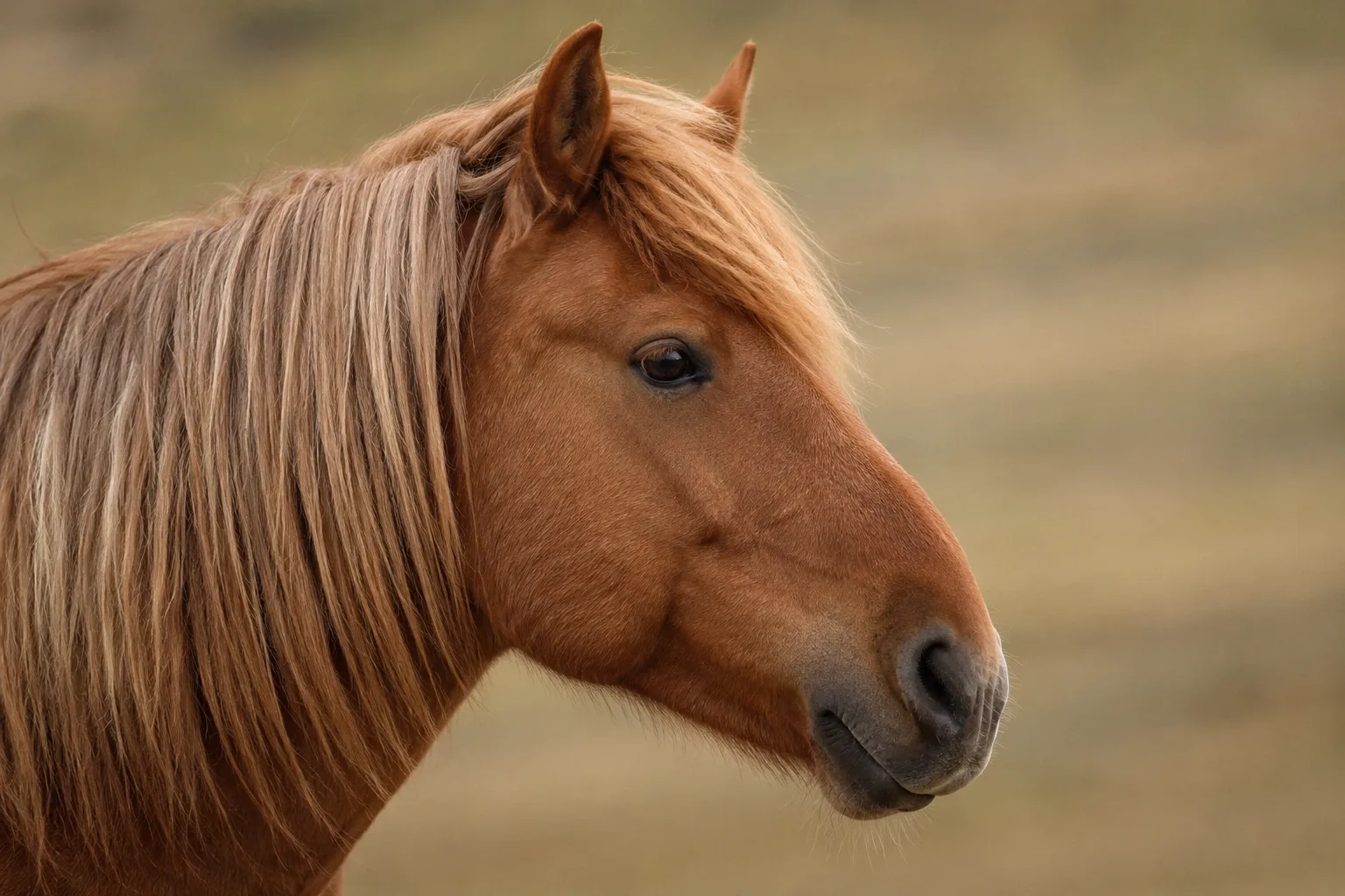 Gros plan sur la tête d'un American Bashkir Curly, mettant en valeur ses yeux doux, son profil et la texture bouclée de sa crinière et de son toupet.