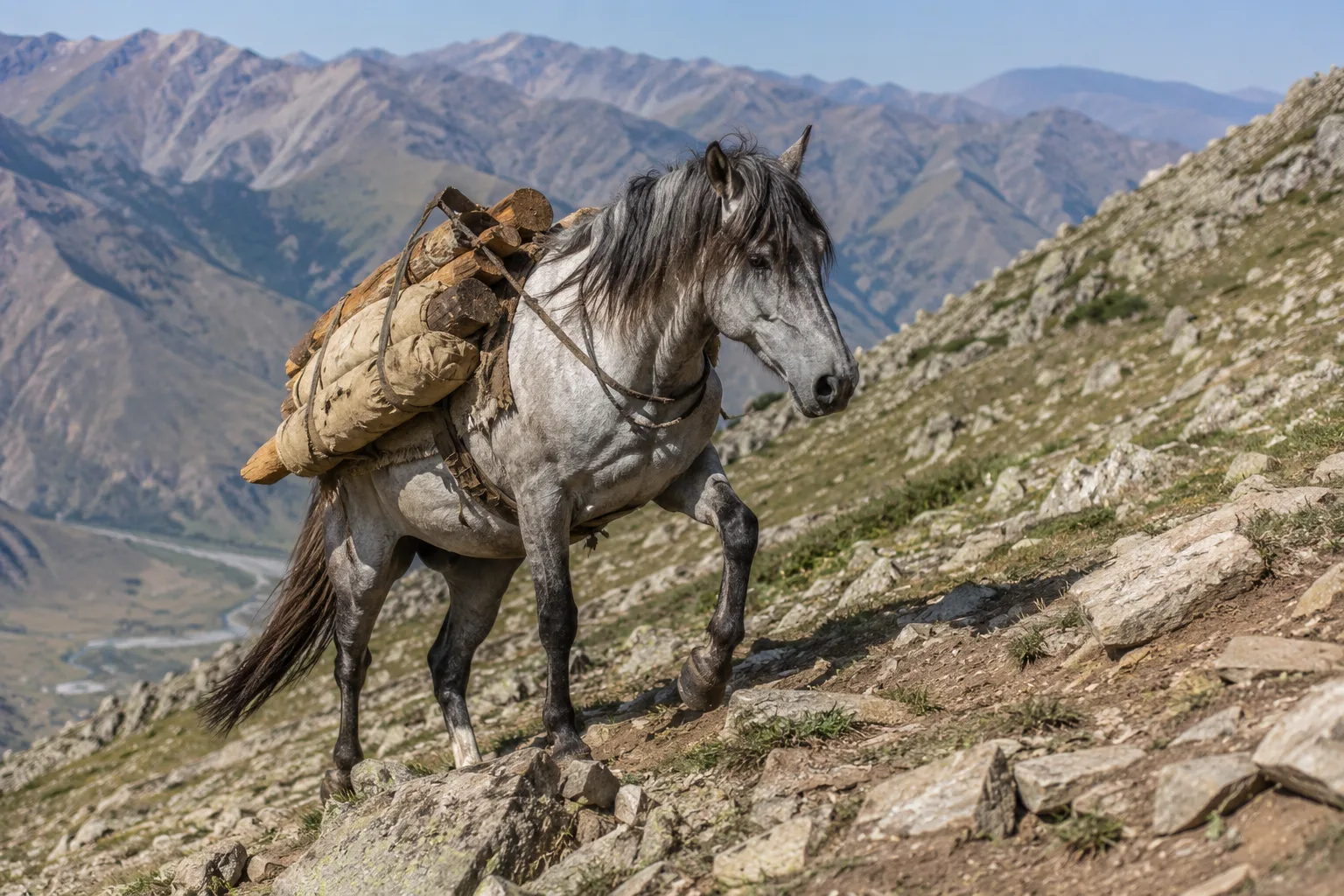 American Bashkir Curly au galop dans un grand champ, illustrant ses allures amples et la dynamique de son pelage bouclé.