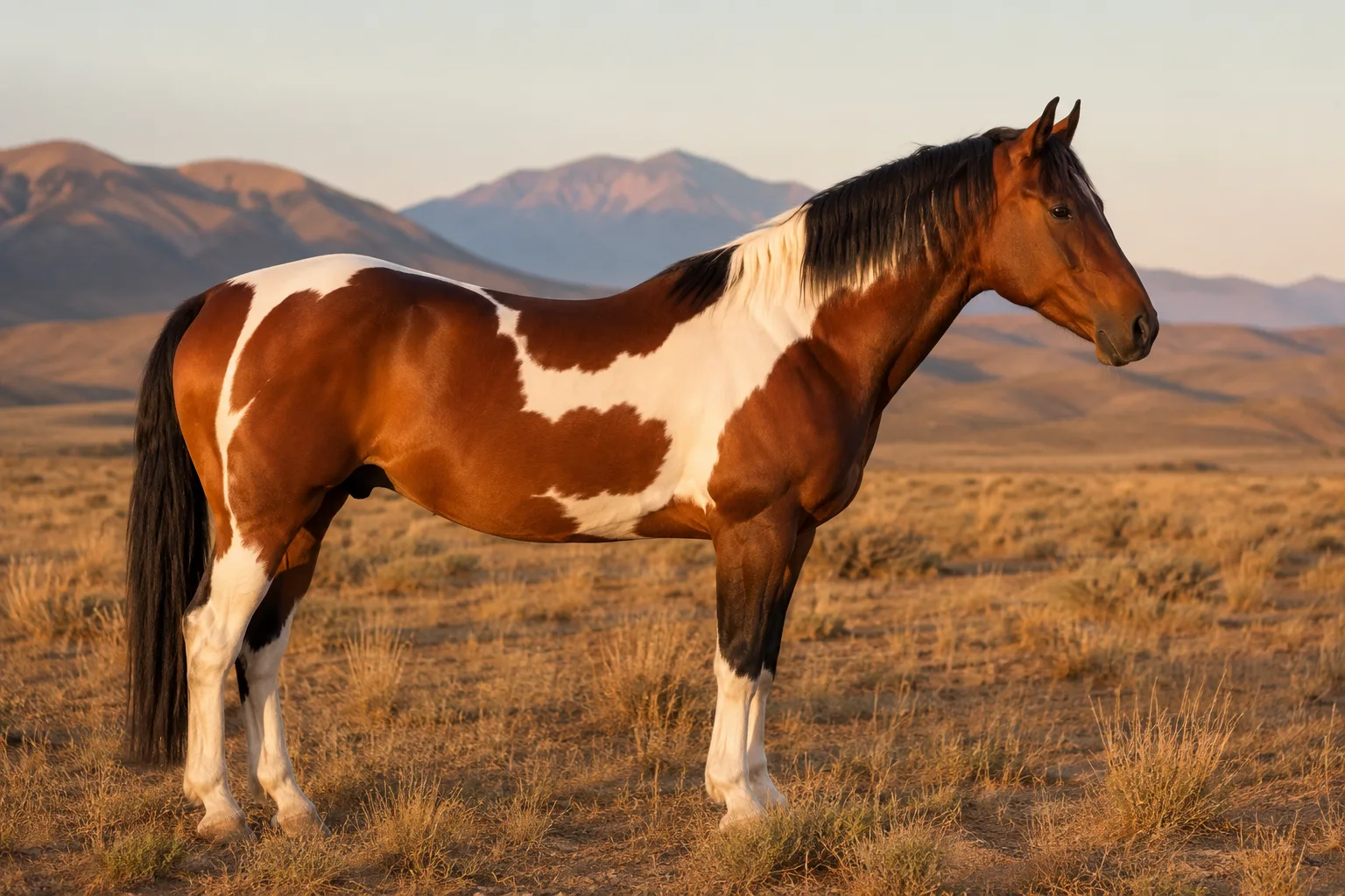 Cheval American Saddlebred bai, de profil, avec une encolure arquée et un port de tête altier, dans un pré verdoyant.