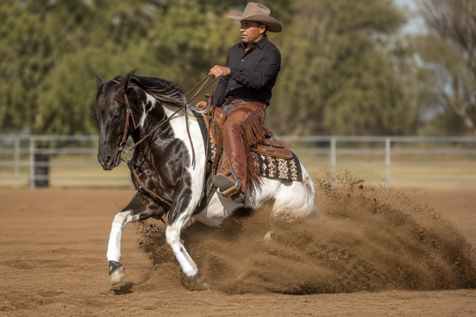 American Saddlebred en pleine action, exécutant l'allure du 'rack' avec un cavalier en tenue de show ring.