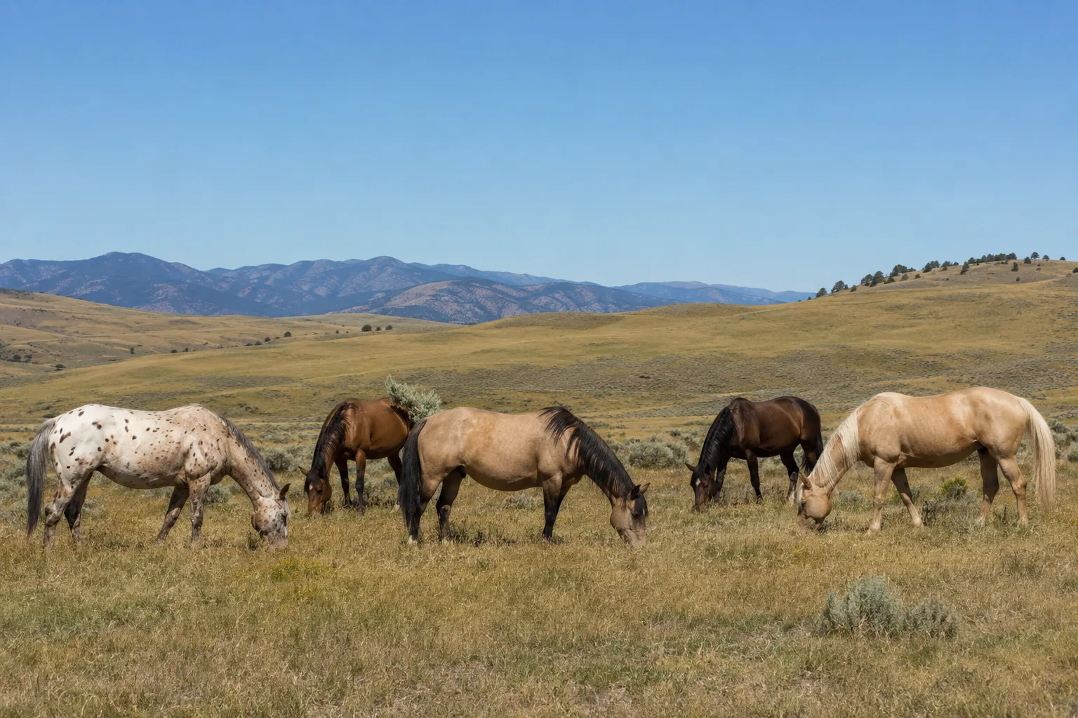 Un groupe d'American Saddlebred (palomino et noir) paissant tranquillement dans un grand pâturage verdoyant.