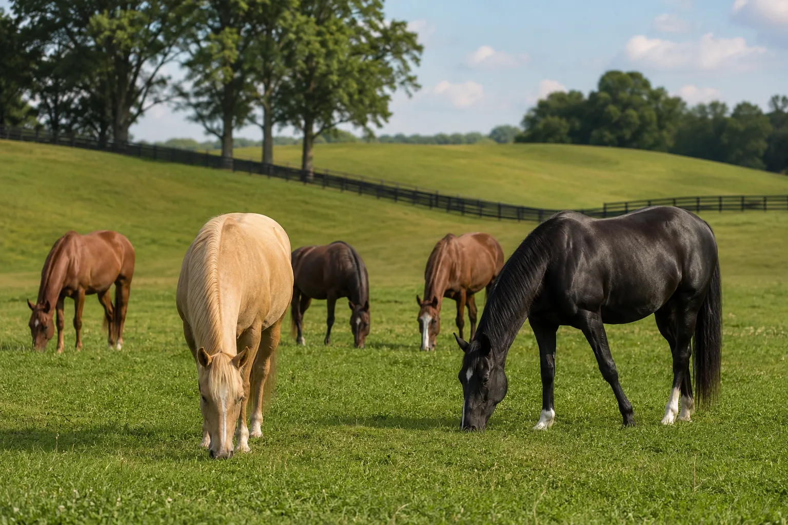 Plusieurs American Walking Ponies de différentes robes paissant tranquillement dans un grand pré verdoyant sous un ciel doux.