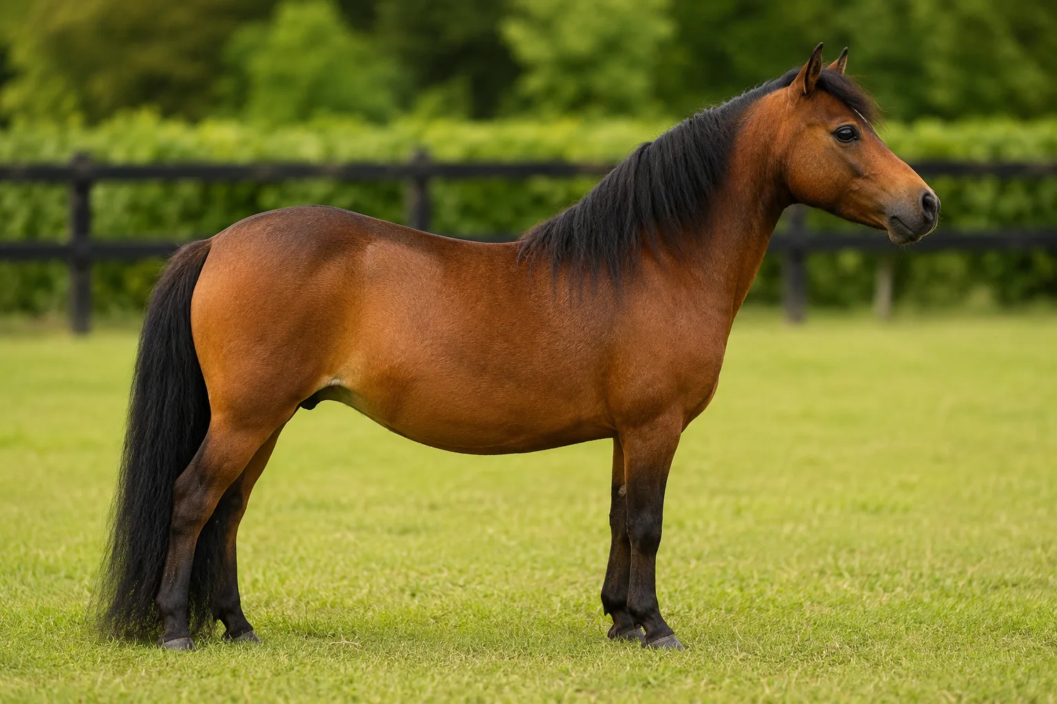 Cheval American Warmblood bai, de profil, dans un pré verdoyant, montrant sa silhouette athlétique et élégante.