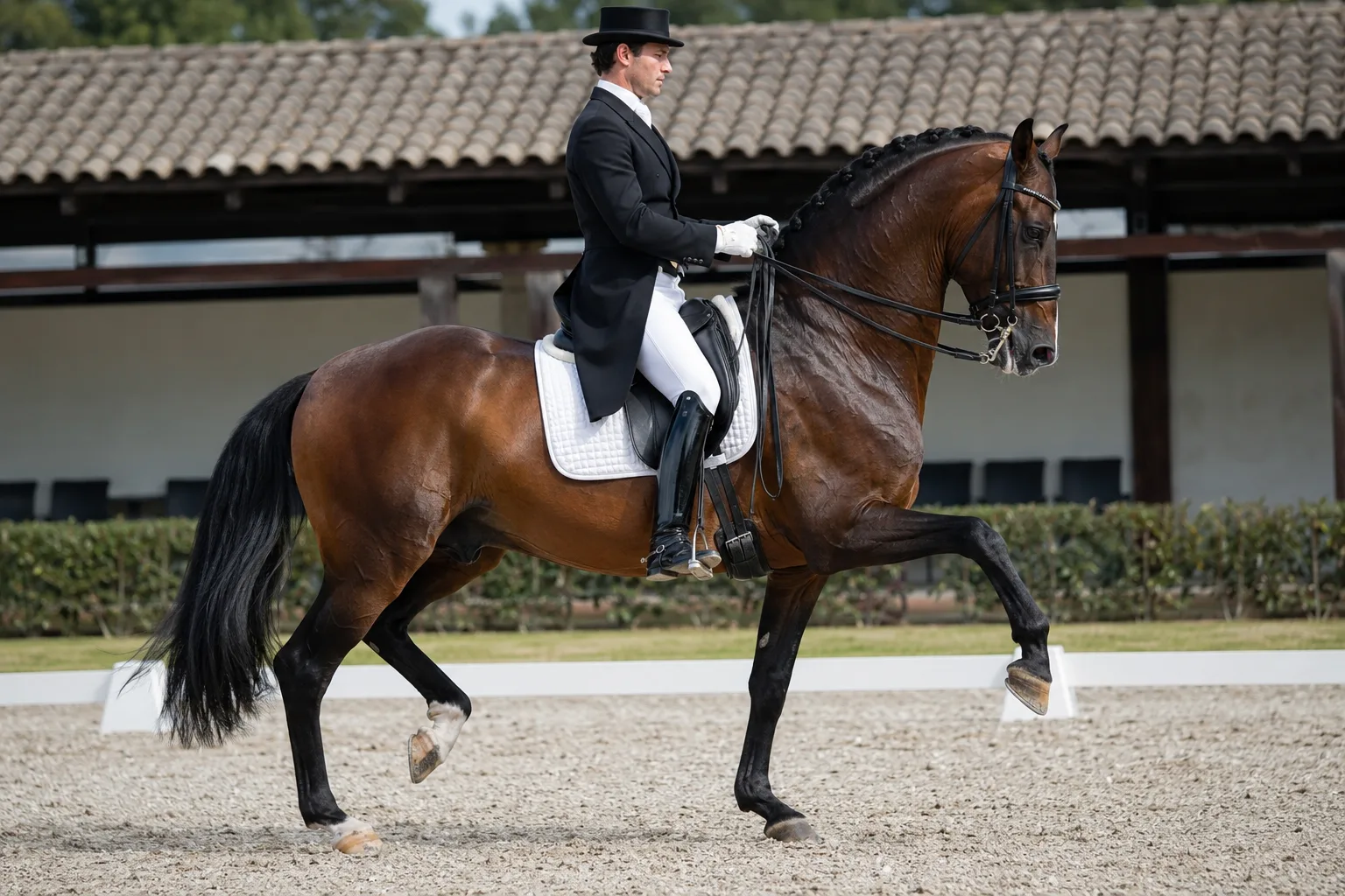 Cheval Andalou (PRE) bai en pleine action, exécutant un mouvement de dressage de haute école dans une carrière.