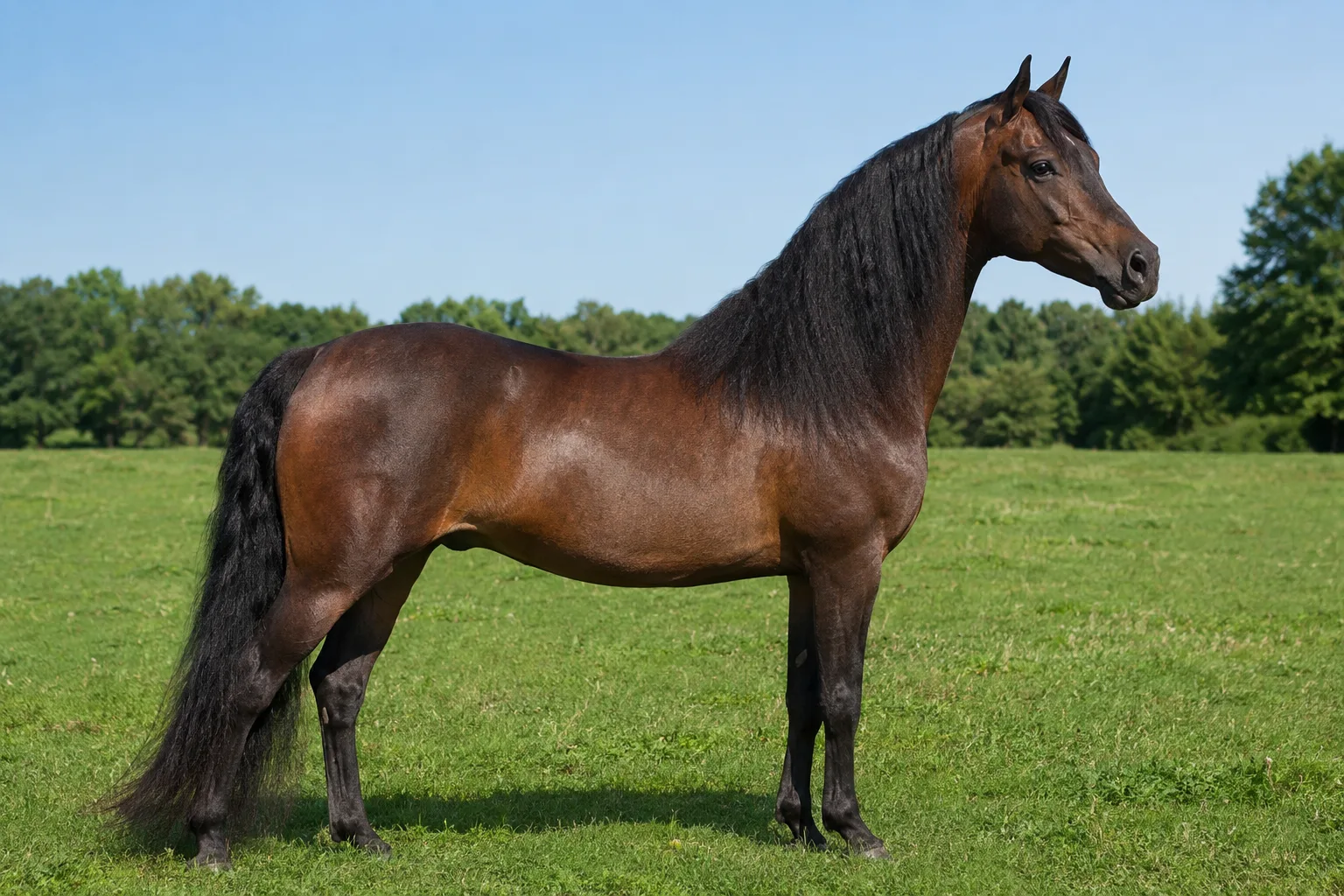 Cheval Andravida bai, de profil, dans un paysage grec ensoleillé, montrant sa silhouette élégante et robuste.