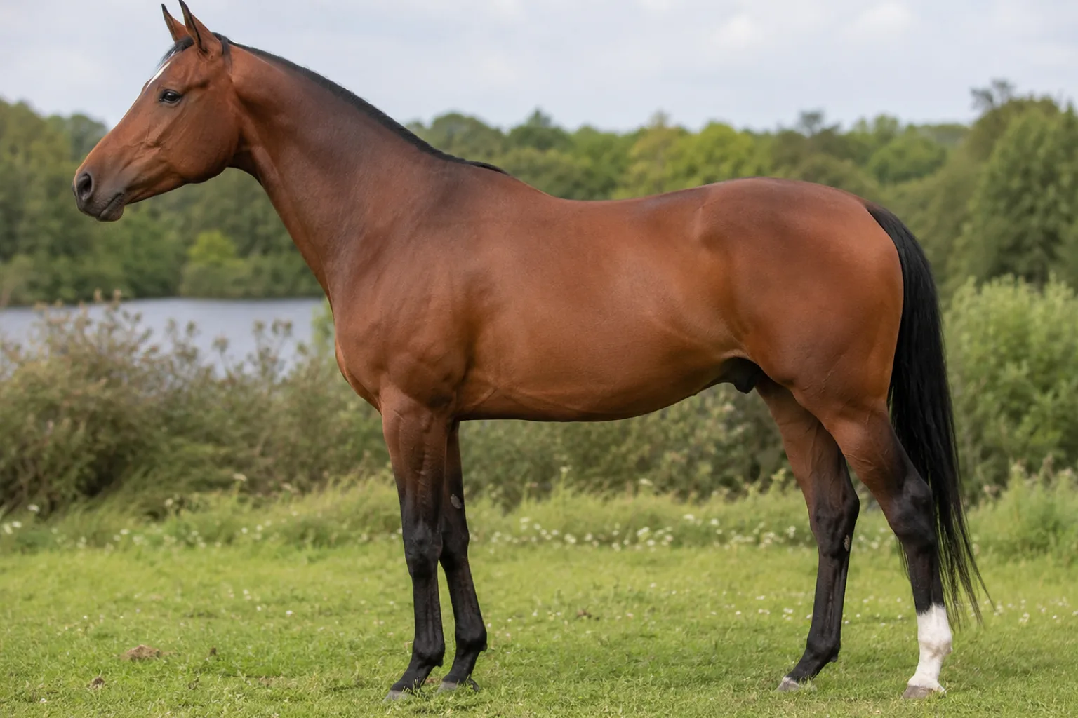 Cheval Anglo-Arabe bai, de profil, élégant et athlétique, dans un pré ensoleillé.
