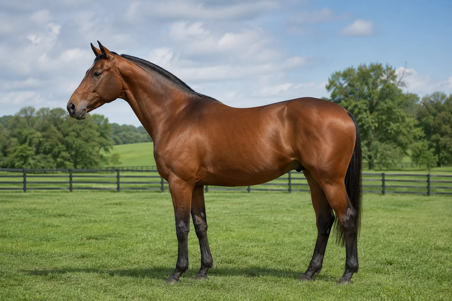 Cheval Anglo-Arabe Sarde de robe baie, en profil entier, dans un paysage méditerranéen en Sardaigne.