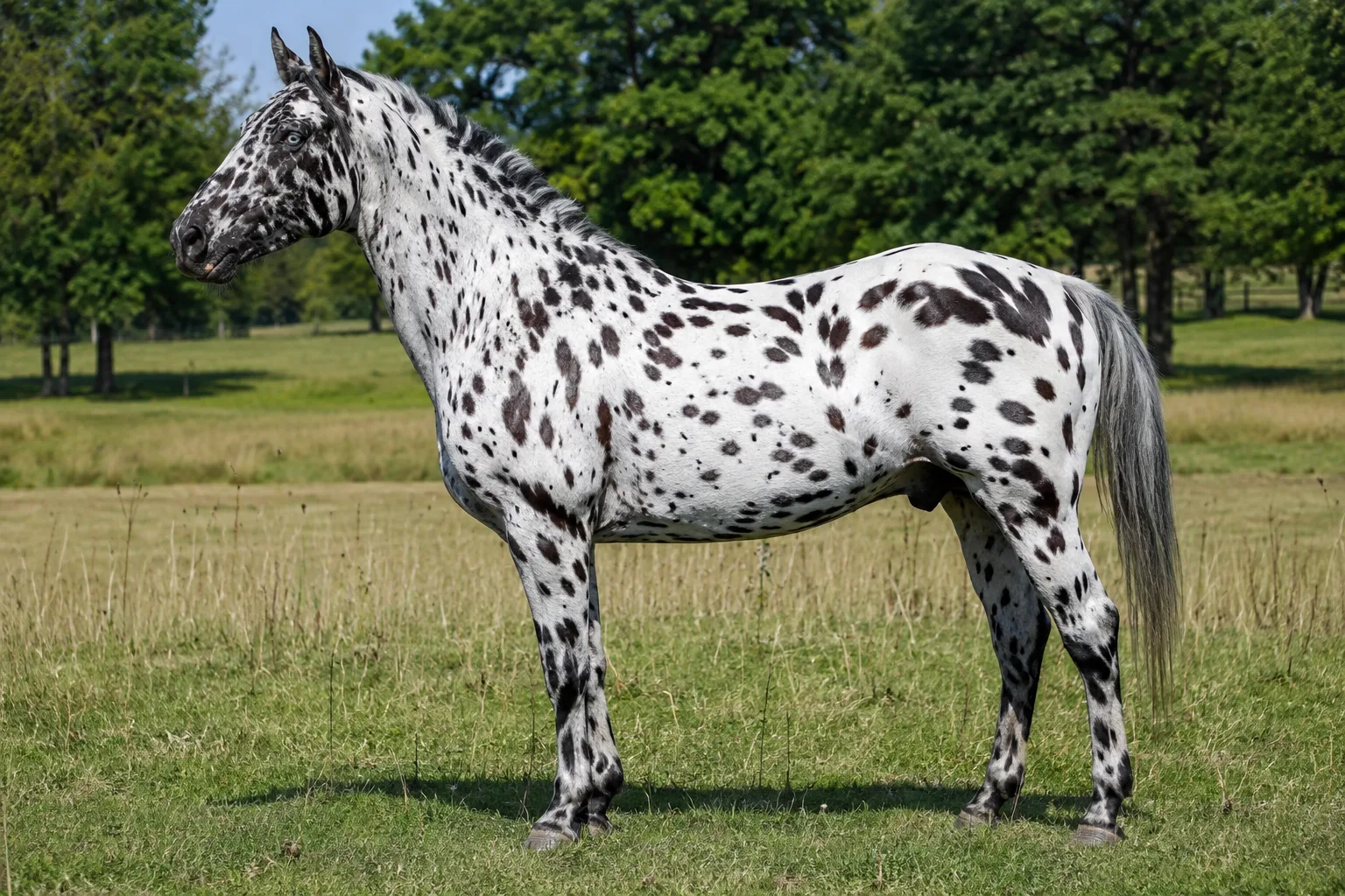 Cheval Appaloosa en robe léopard, de profil, dans un pré verdoyant, montrant sa musculature et ses caractéristiques de race.