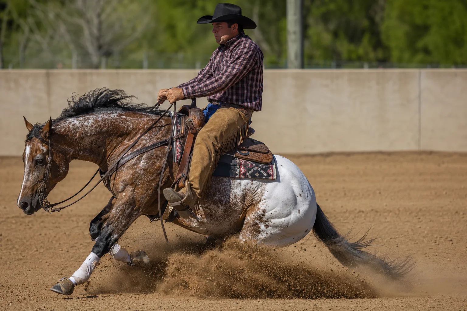 Appaloosa en pleine action lors d'un slide stop de reining, avec un cavalier western, montrant sa puissance et son agilité.