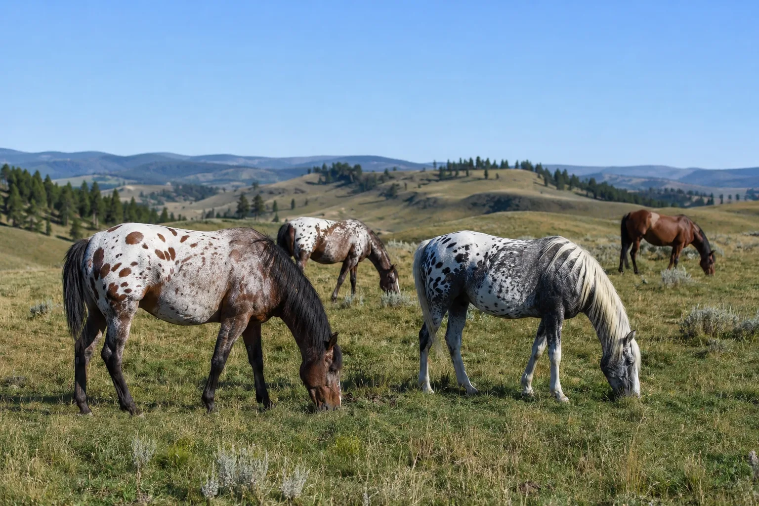 Troupeau d'Appaloosas de différentes robes (roan, givré) paissant tranquillement dans un grand pâturage sous un ciel bleu.