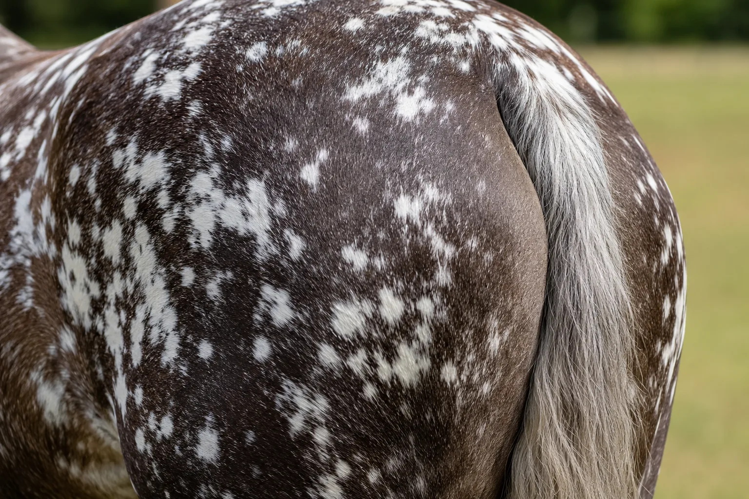 Détail de la croupe d'un Appaloosa présentant une robe flocon de neige (taches blanches sur fond sombre), avec une queue fine.