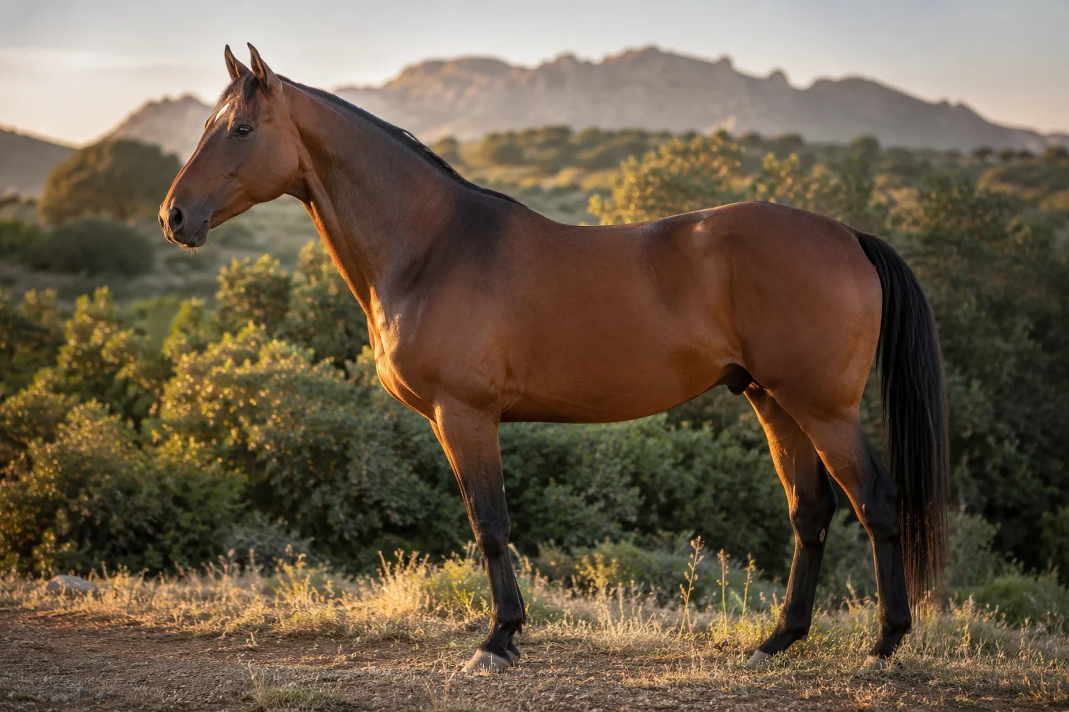 Cheval AQPS bai en plein profil, debout dans un pré verdoyant, montrant sa musculature athlétique et sa silhouette élégante.