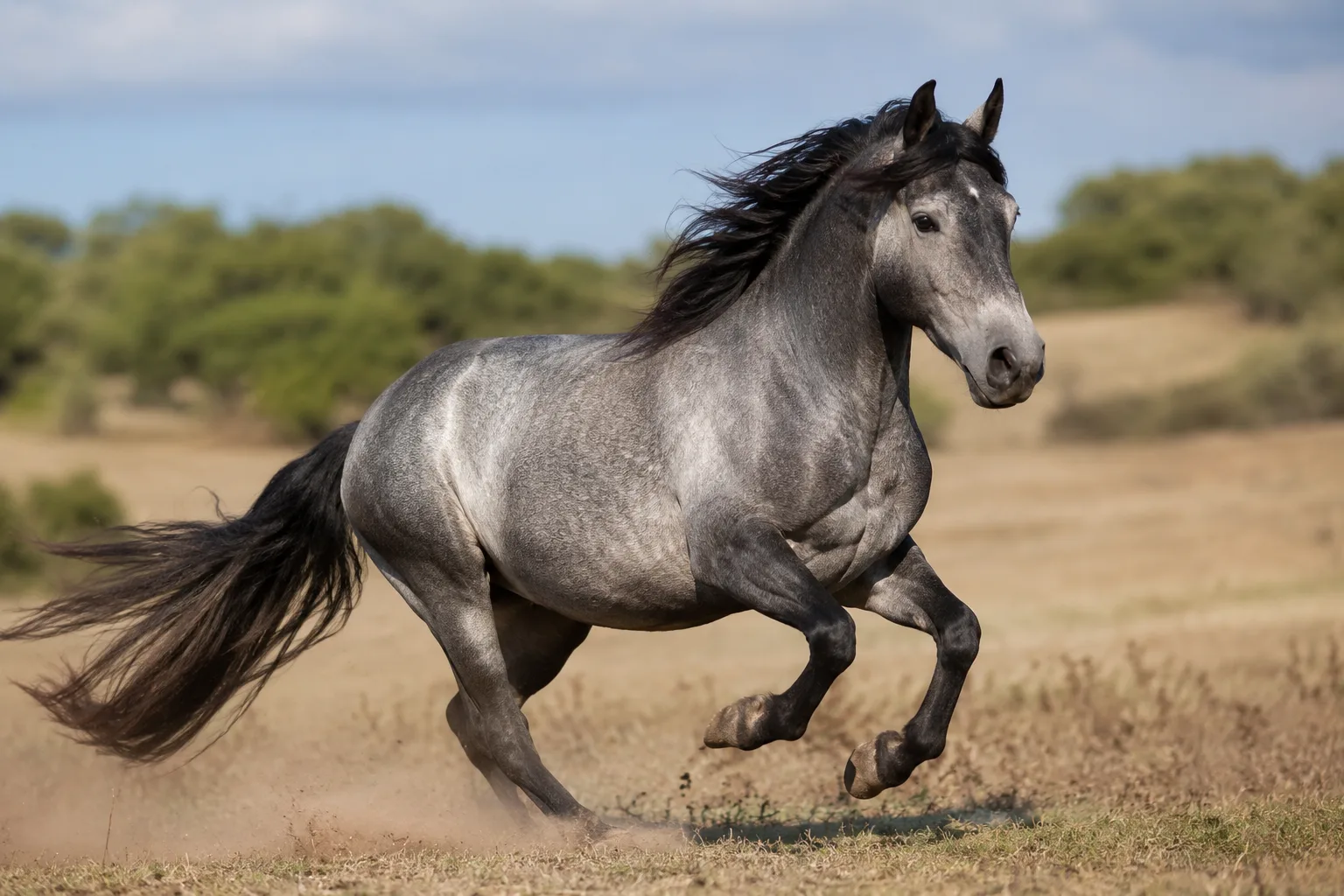 Cheval AQPS gris en plein galop, franchissant un obstacle de cross-country avec un cavalier, illustrant sa puissance et son agilité.
