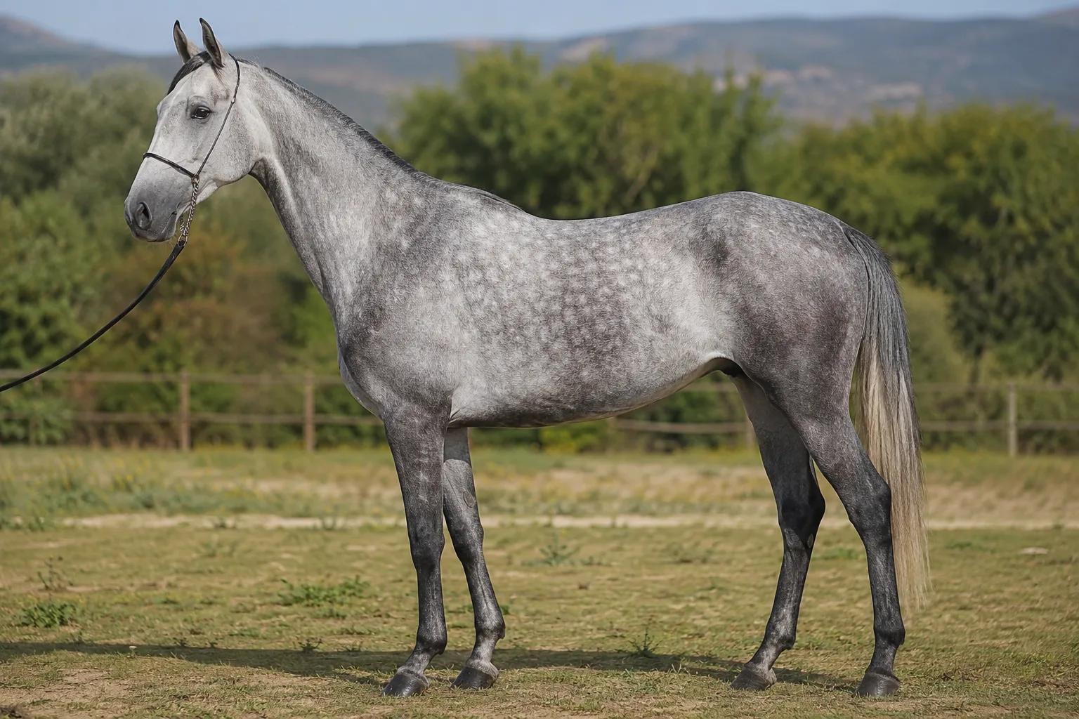 Détail d'un cheval AQPS gris foncé, montrant la texture de sa robe et la robustesse de ses membres, avec des tendons bien dessinés.