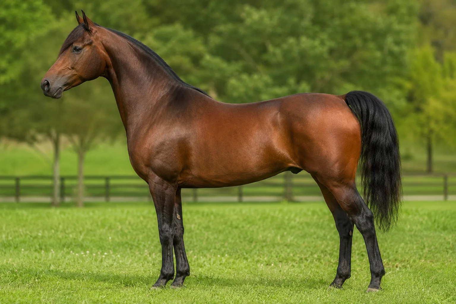 Cheval Arabe bai, de profil, dans un paysage désertique, montrant sa silhouette élégante et sa queue portée haut.