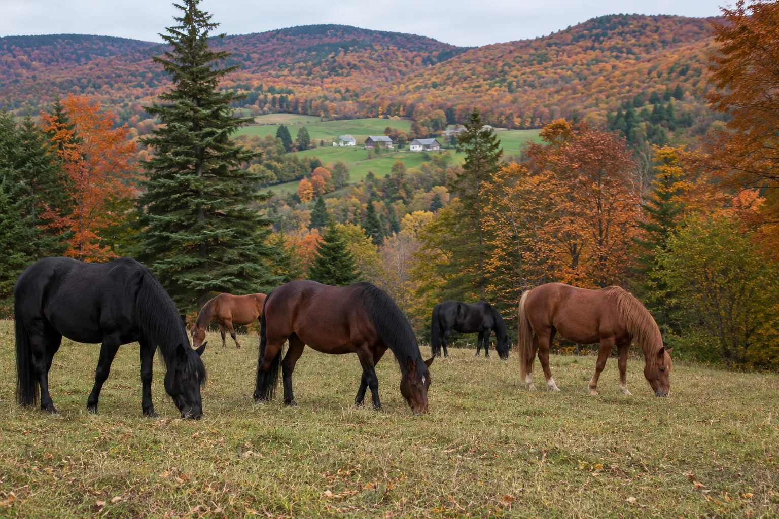 Un groupe de chevaux Arabes (noir et gris) paissant tranquillement dans un pré verdoyant, sous un ciel clair.