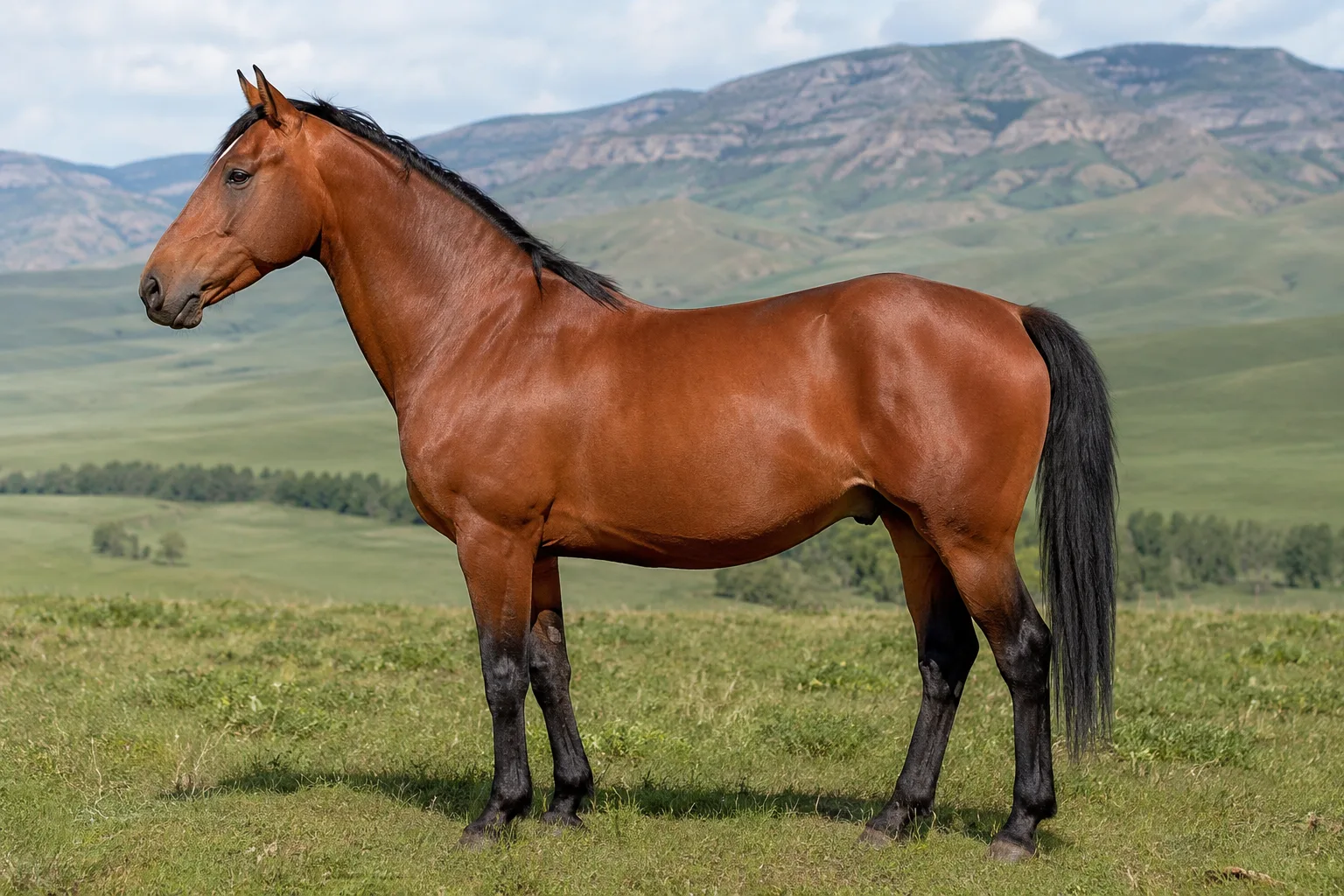 Cheval Arabe Shagya gris, élégant et musclé, debout de profil dans un pré verdoyant, queue portée haut.