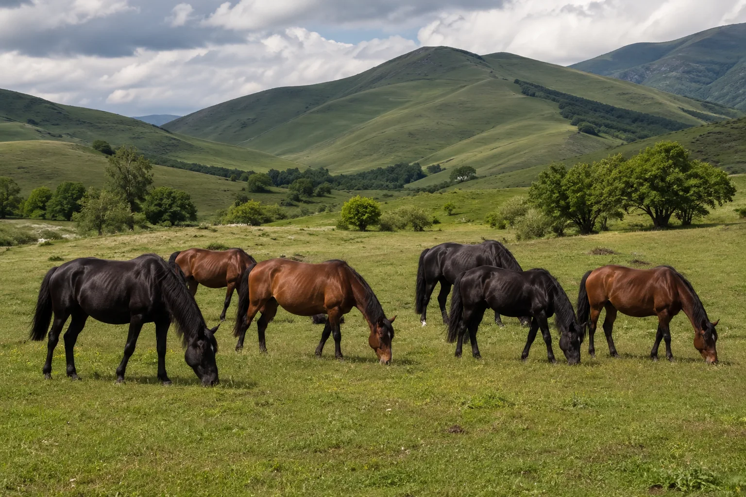 Troupeau d'Arabes Shagya de différentes robes paissant tranquillement dans un paysage de campagne hongroise.