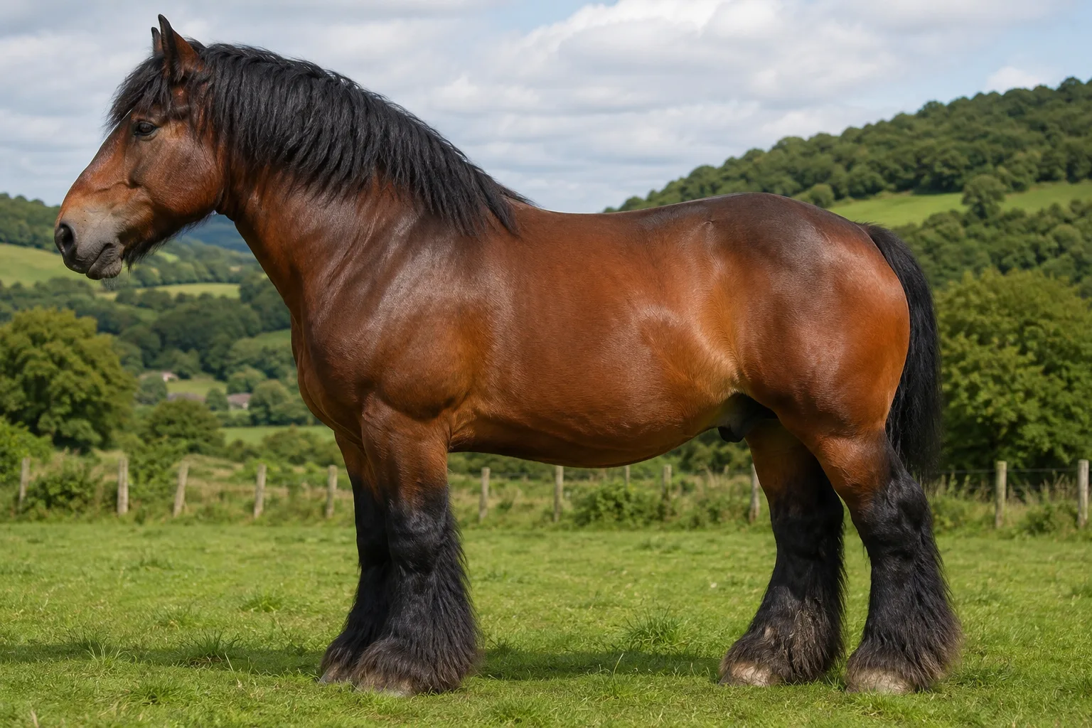 Cheval Ardennais bai, puissant et compact, debout de profil dans un pré verdoyant sous un ciel clair.