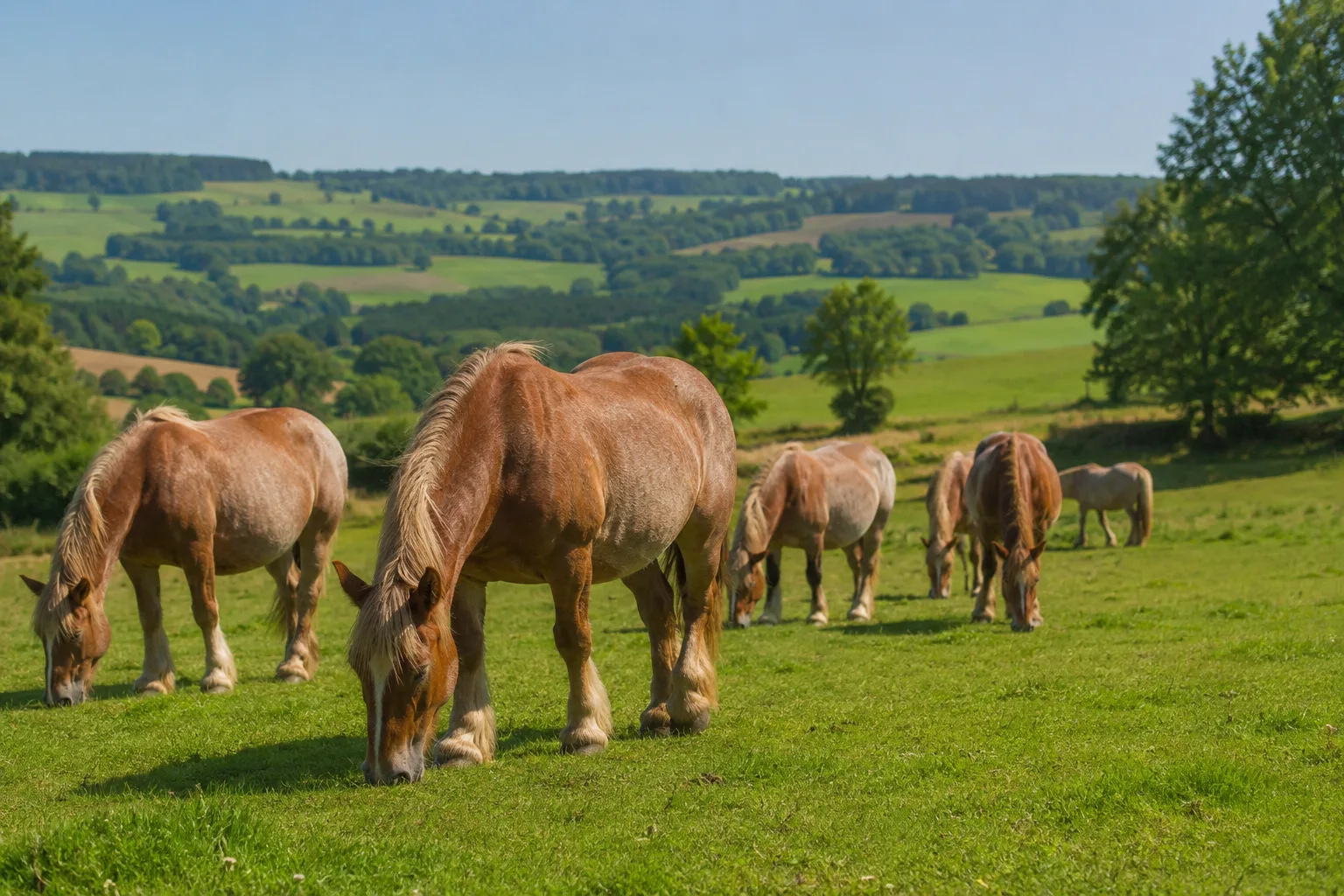 Un groupe de chevaux Ardennais paissant tranquillement dans un paysage vallonné des Ardennes.