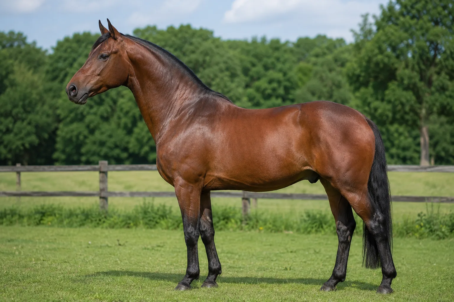Cheval Asturcón noir en pied, de profil, dans un paysage montagneux des Asturies