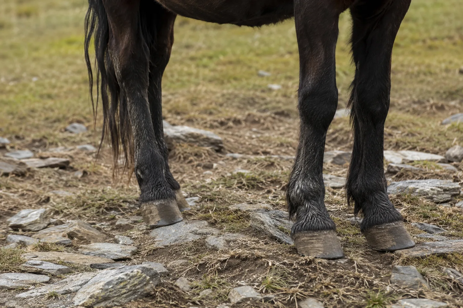 Détail de la robe noire pangaré d'un cheval d'Auvergne, montrant les reflets roux sur le museau et le ventre