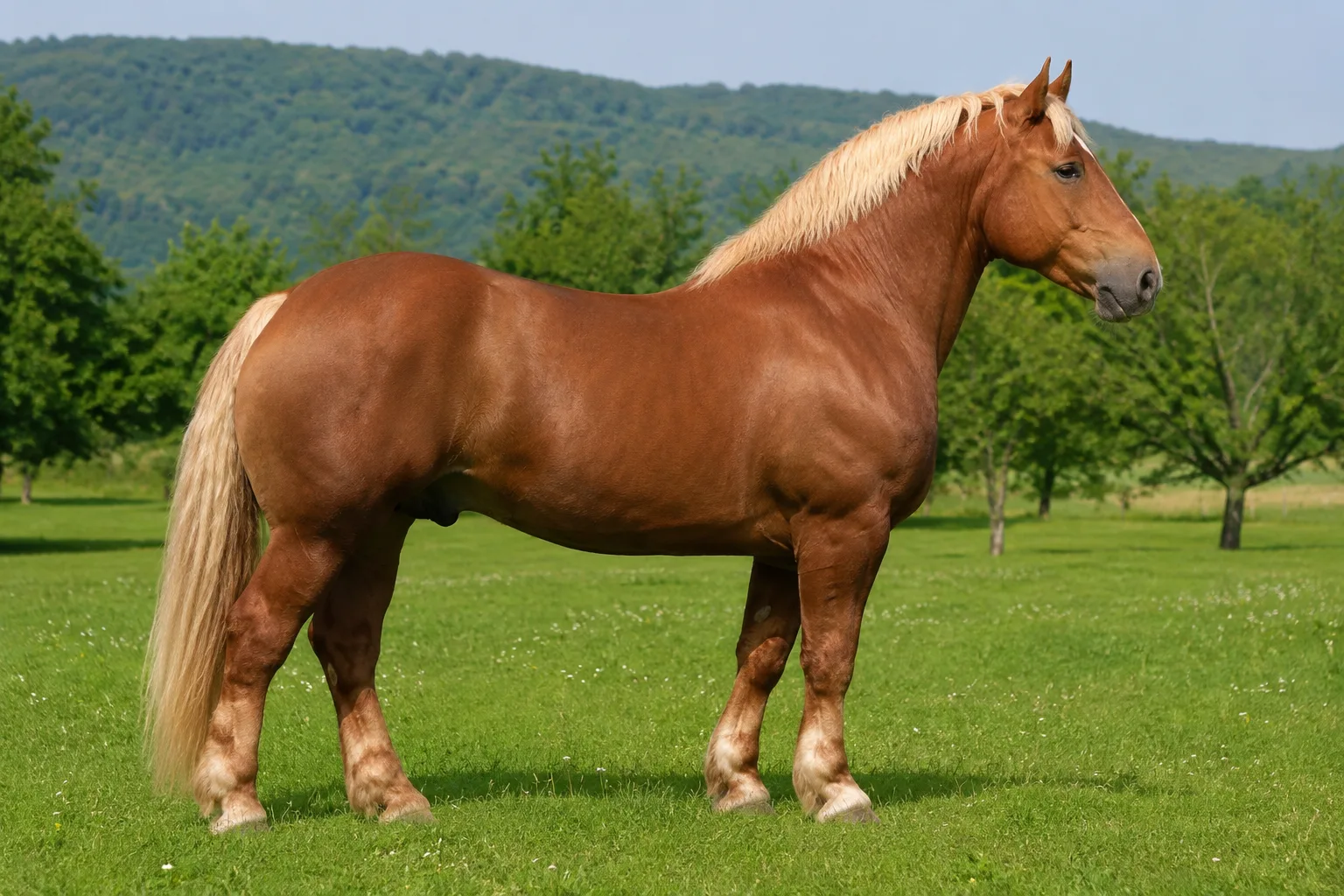 Cheval Azteca bai, de profil, dans un paysage mexicain aride, montrant sa musculature et son élégance.