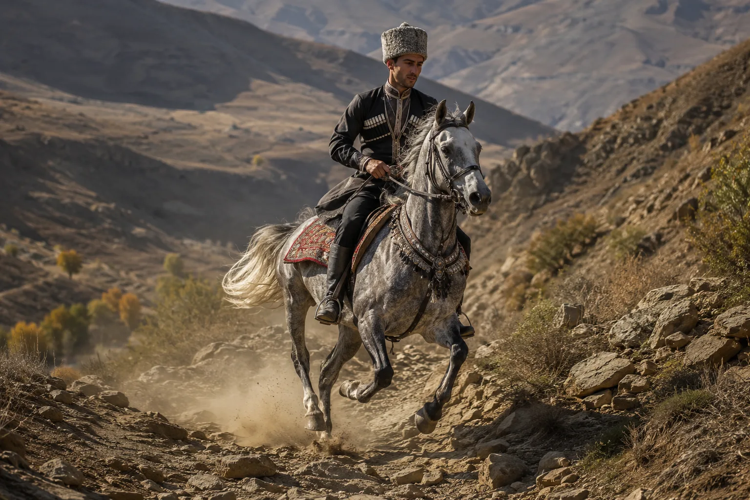 Cheval Baise en action, tirant une charrette légère sur un chemin de terre, illustrant son utilisation en attelage.