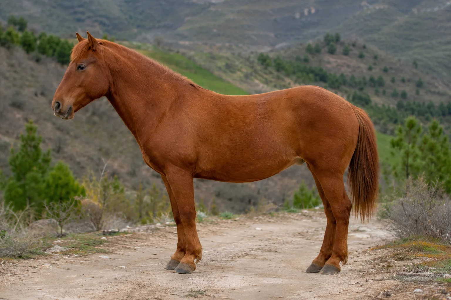Cheval Baise de robe alezane avec crins lavés, montrant la texture de son pelage et la robustesse de ses membres.