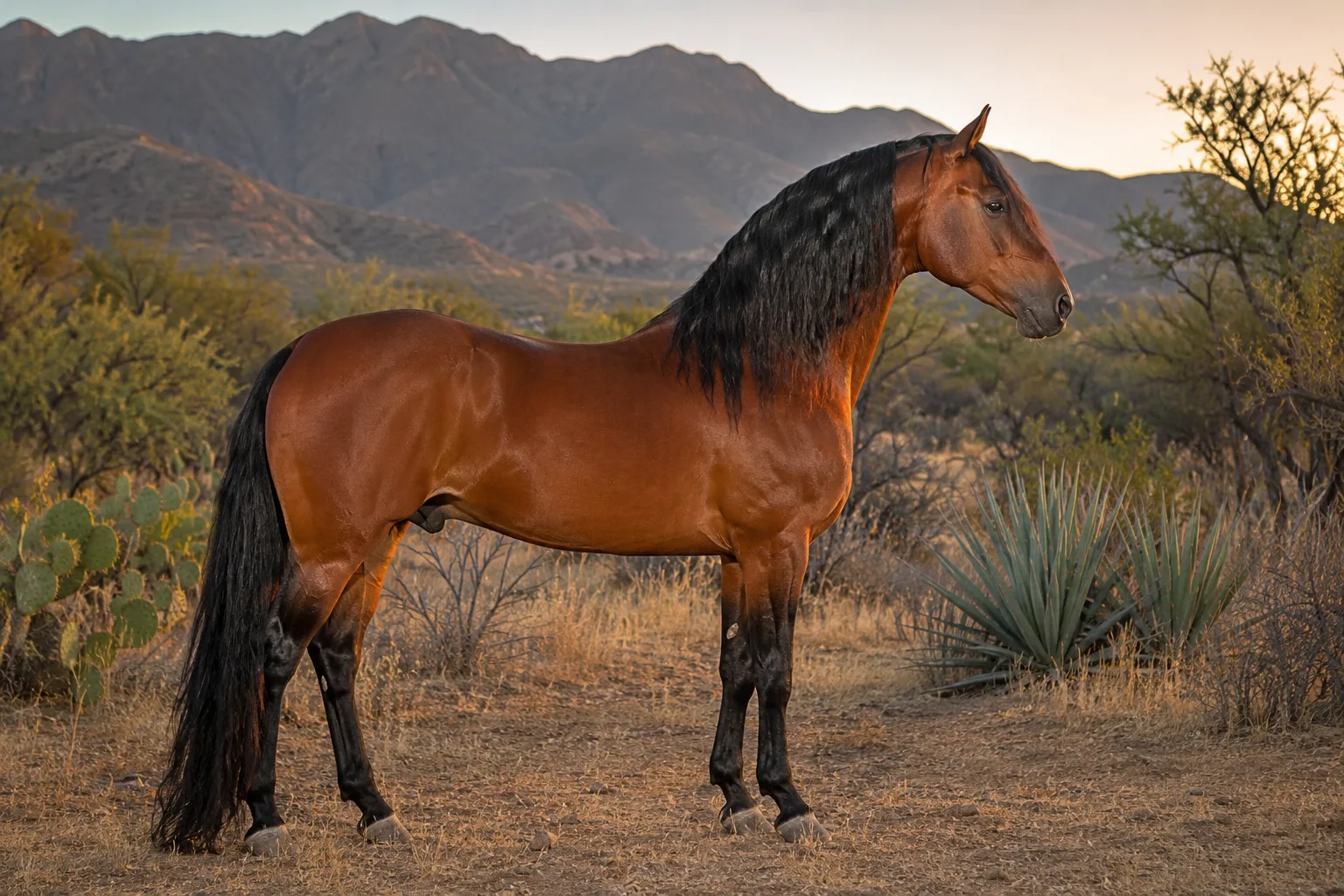 Cheval Bale de profil, robe baie, sur un terrain montagneux en Éthiopie