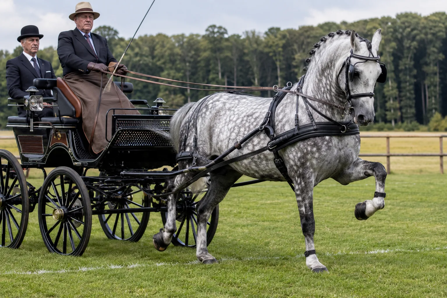 Cheval Boulonnais gris en plein trot, tirant un attelage de compétition, démontrant sa puissance et son élégance.