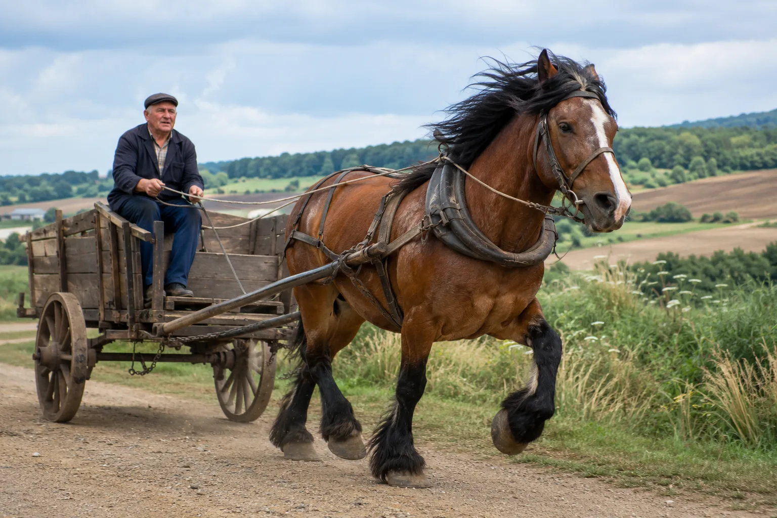 Cheval Breton en action, tirant une charrette en bois sur un chemin de terre, en attelage.