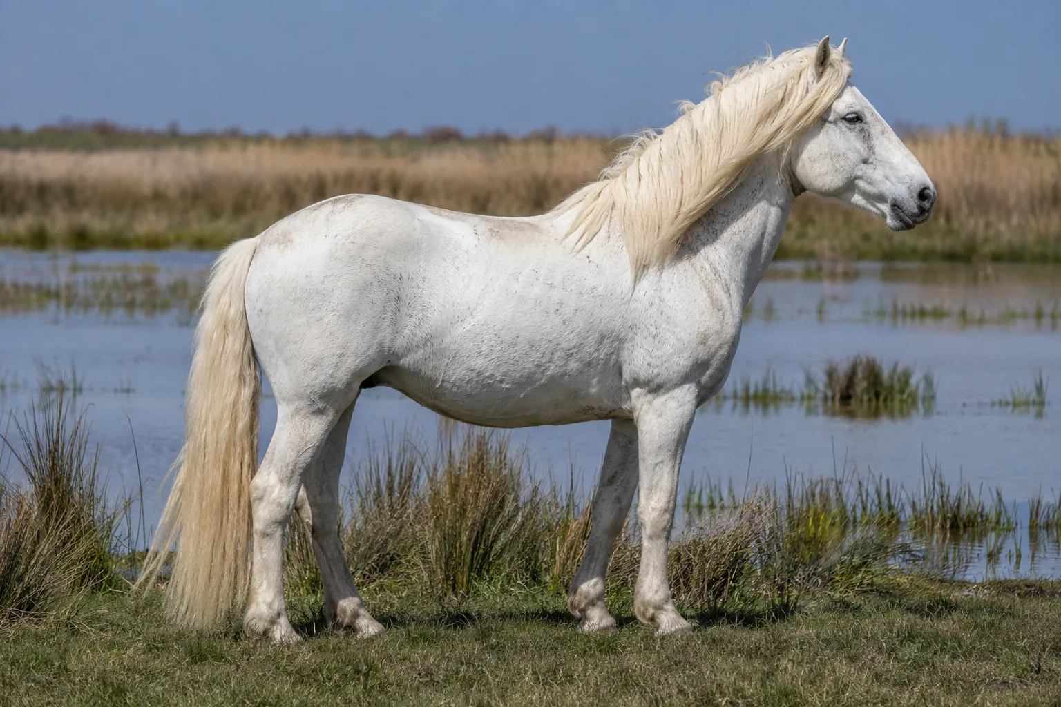Cheval Camargue en entier, de profil, dans les marais de Camargue, robe grise, crinière et queue blanches.