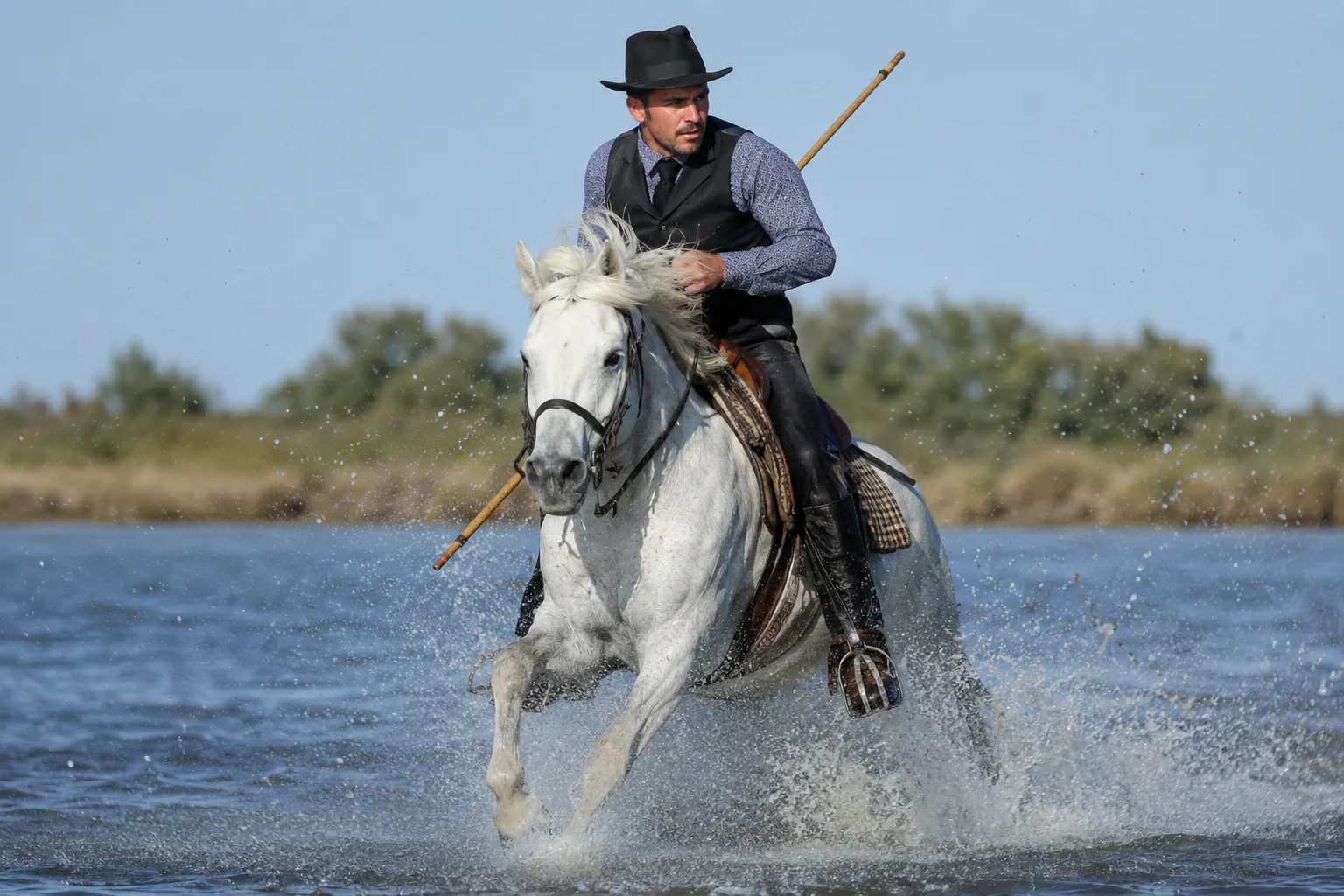 Cheval Camargue en plein galop dans l'eau des marais, monté par un gardian.