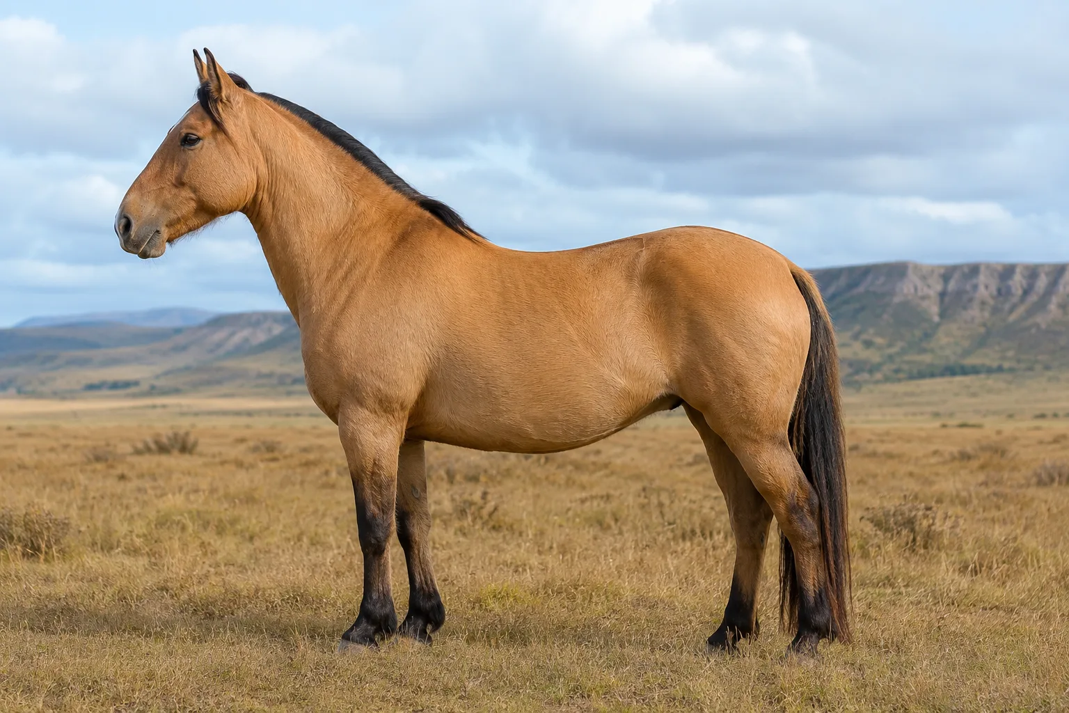 Bay Clydesdale horse with extensive white stockings and abundant feathers, in profile in a lush green meadow.