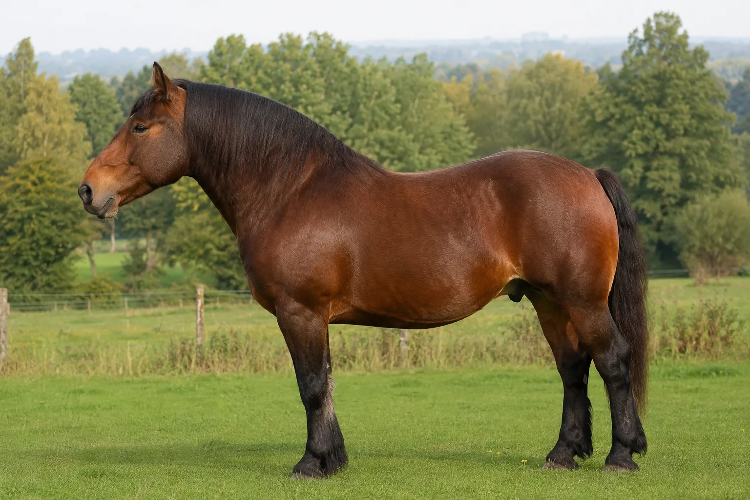 Cheval Cob Normand bai, de profil, dans un pré verdoyant de Normandie, montrant sa silhouette puissante et compacte.