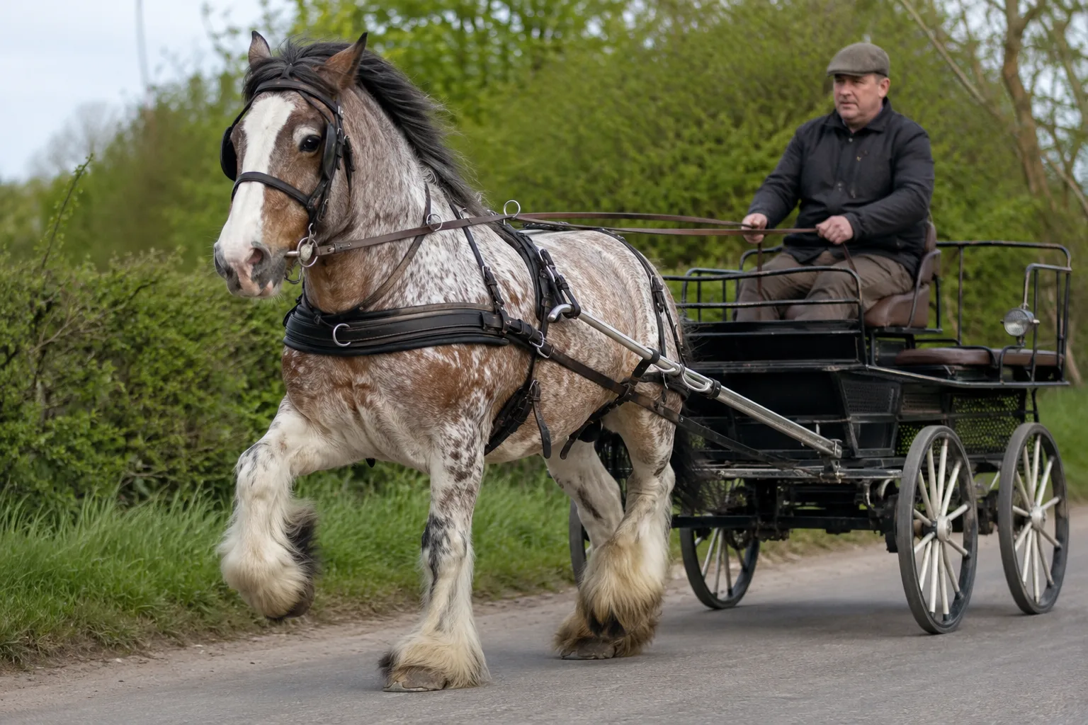 Cob Normand en action, tirant une calèche sur une route de campagne, démontrant ses aptitudes à l'attelage.