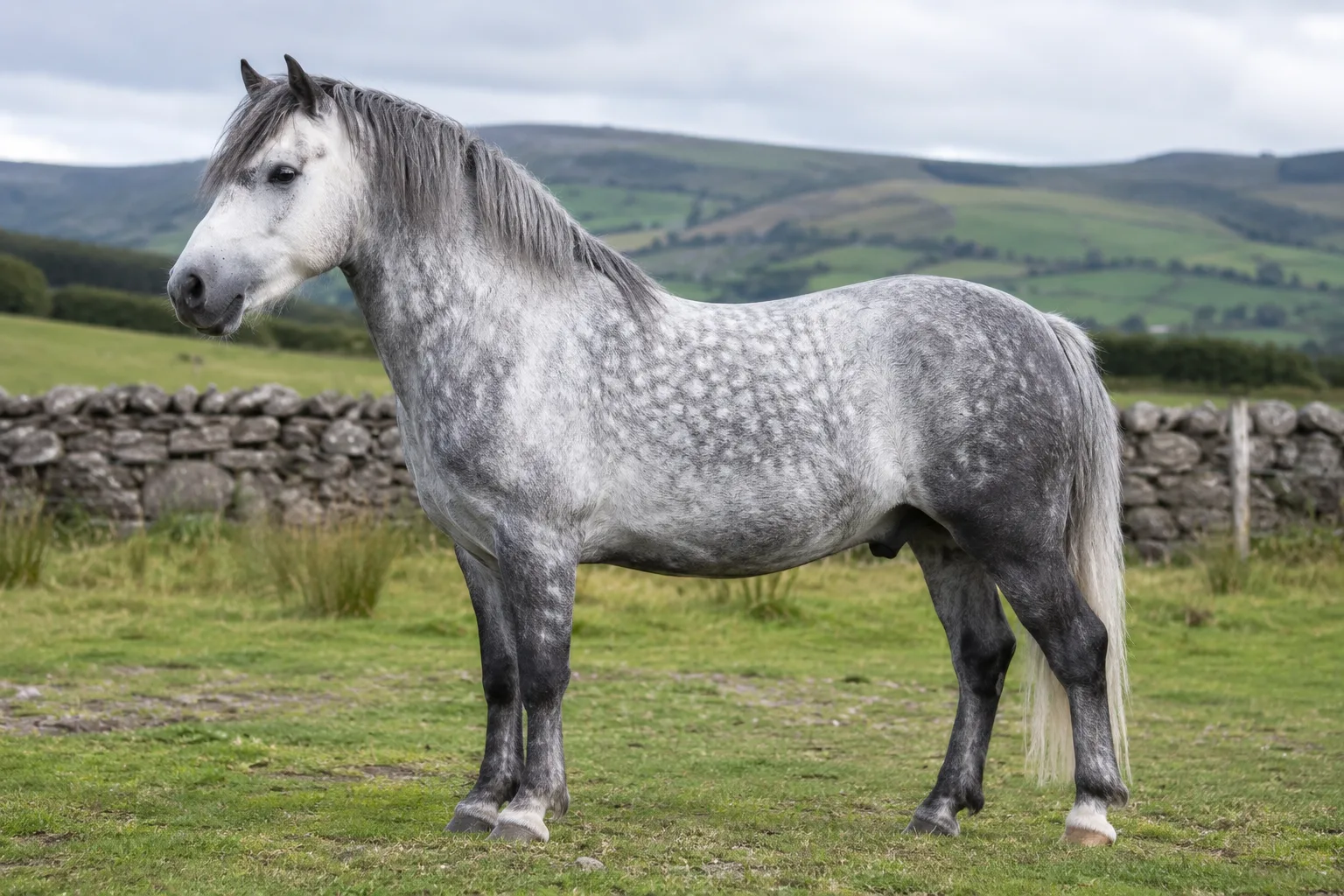 Poney Connemara gris en pied, de profil, dans un paysage irlandais typique, montrant sa morphologie compacte et musclée.