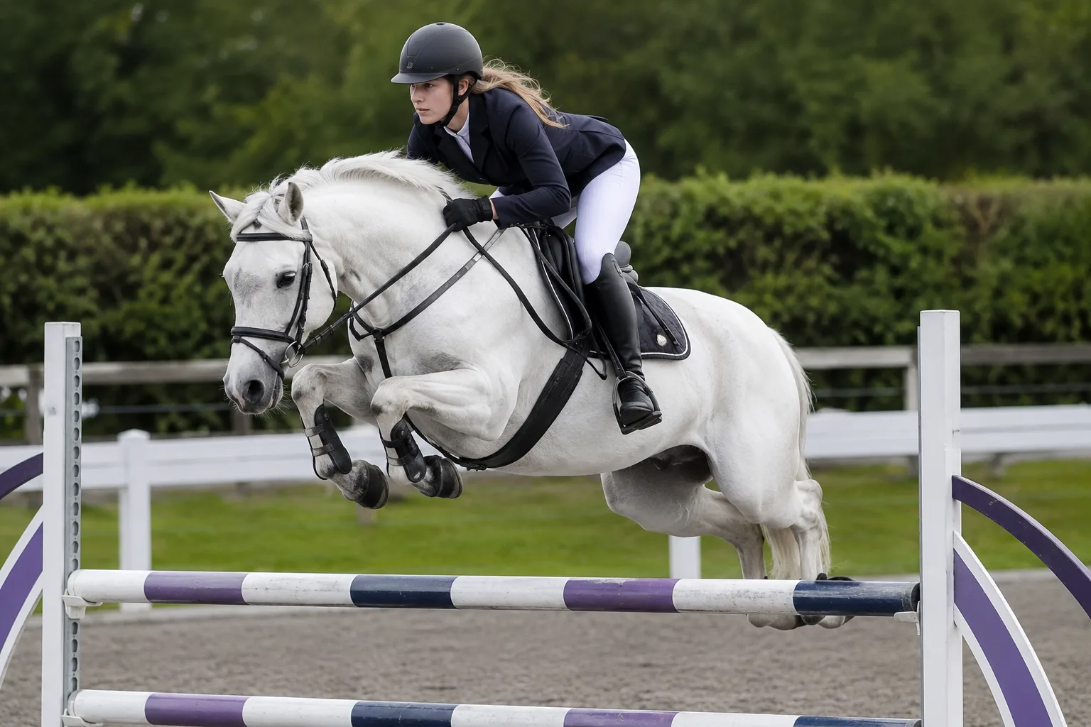 Poney Connemara en plein saut d'obstacles avec un cavalier, montrant son agilité et sa puissance.