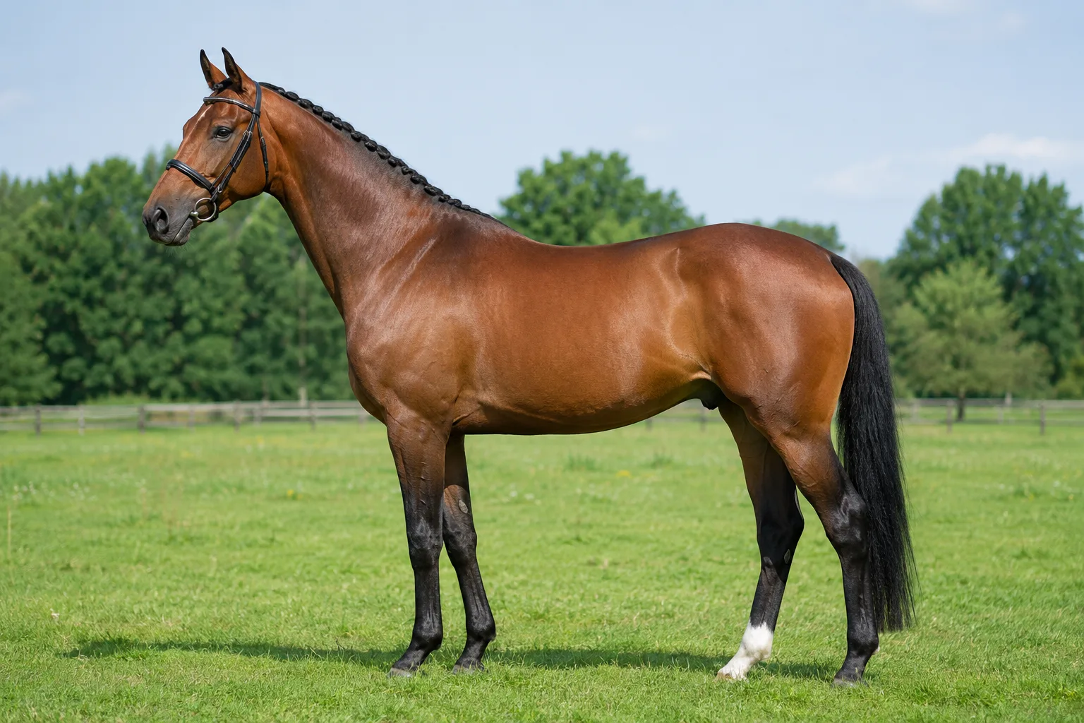 Cheval Holsteiner bai, de profil, dans un pré verdoyant, montrant sa silhouette athlétique et élégante.