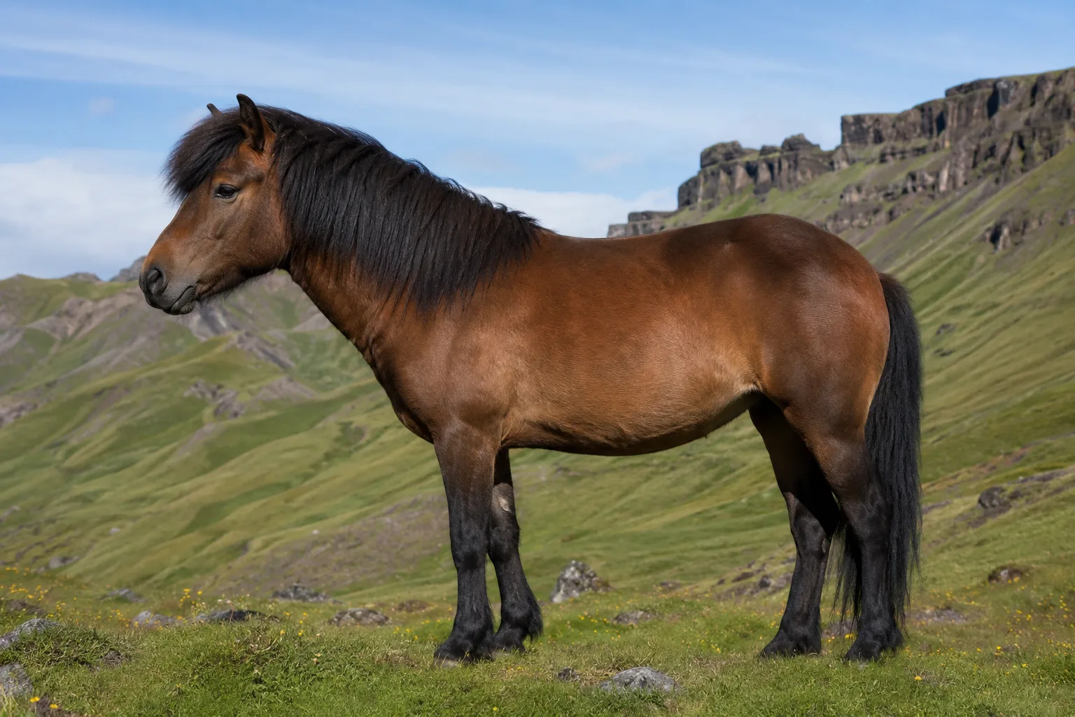 Cheval Islandais bai en pied, de profil, dans un paysage islandais verdoyant
